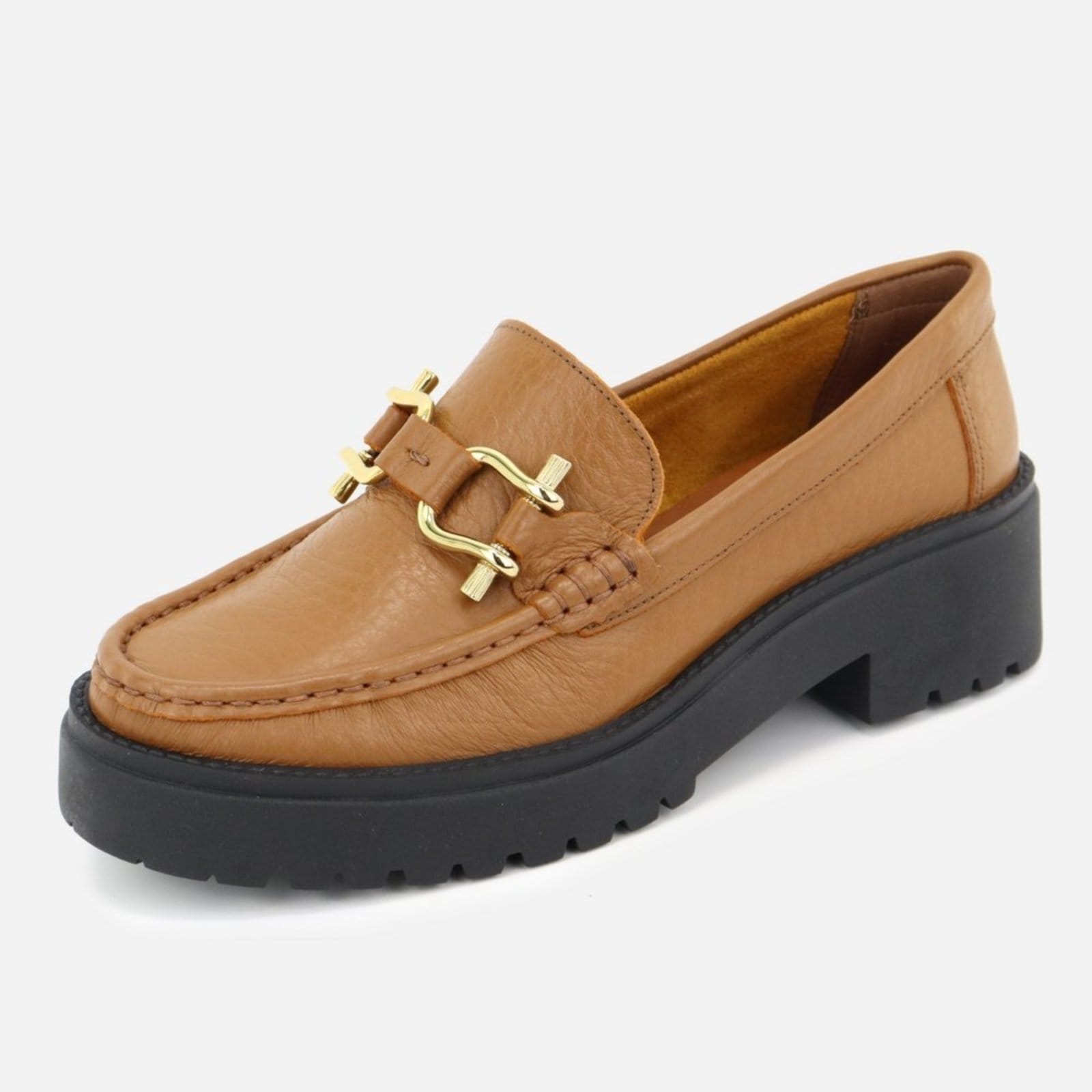 Mocassim em Couro Tratorado Leve Conforto Fivelas Douradas Maria Paula Camel