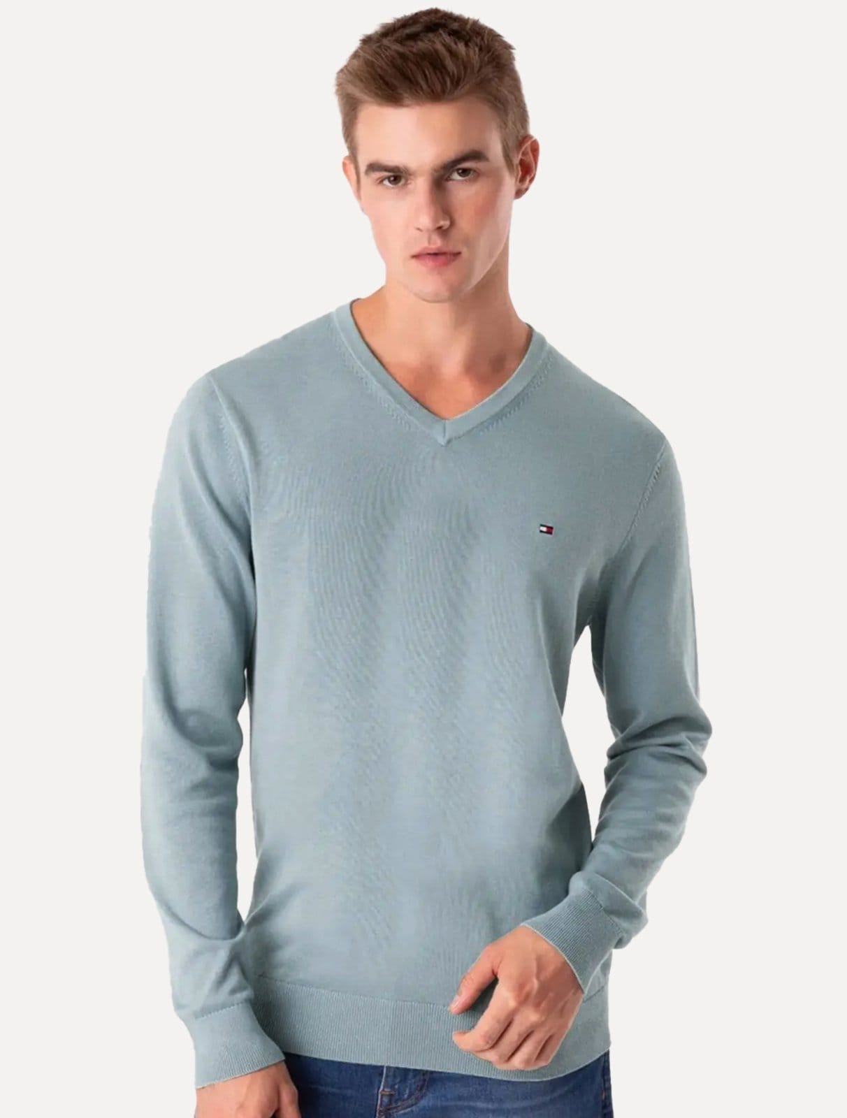 Vista 2 Suéter Tommy Hilfiger Masculino Signature V-Neck édio Tommy Hilfiger azul