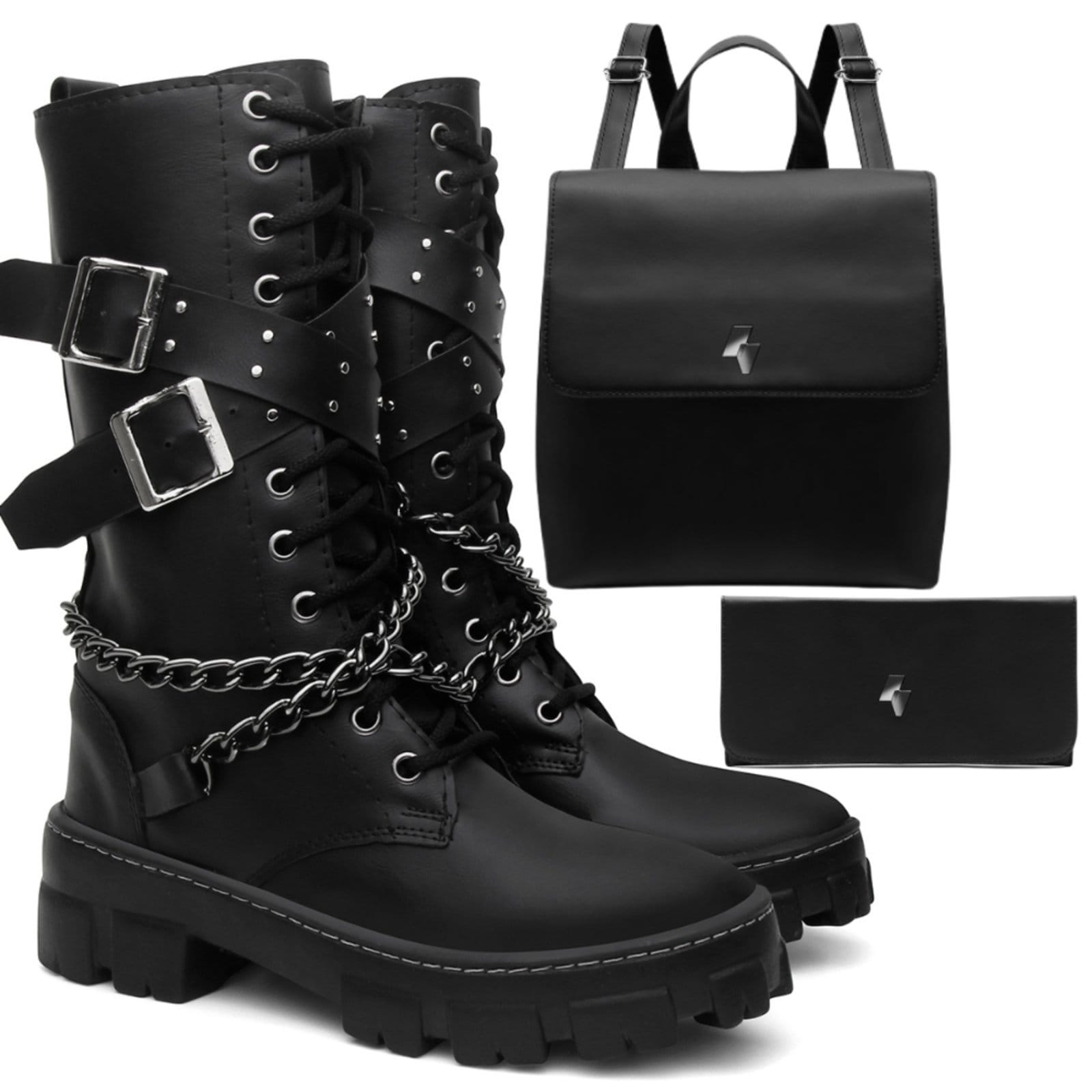 Vista principal Kit Bota Feminina Veritimo Coturno Cano Alto Sola Tratorada Robusto Bolsa e Carteira Veritimo preto