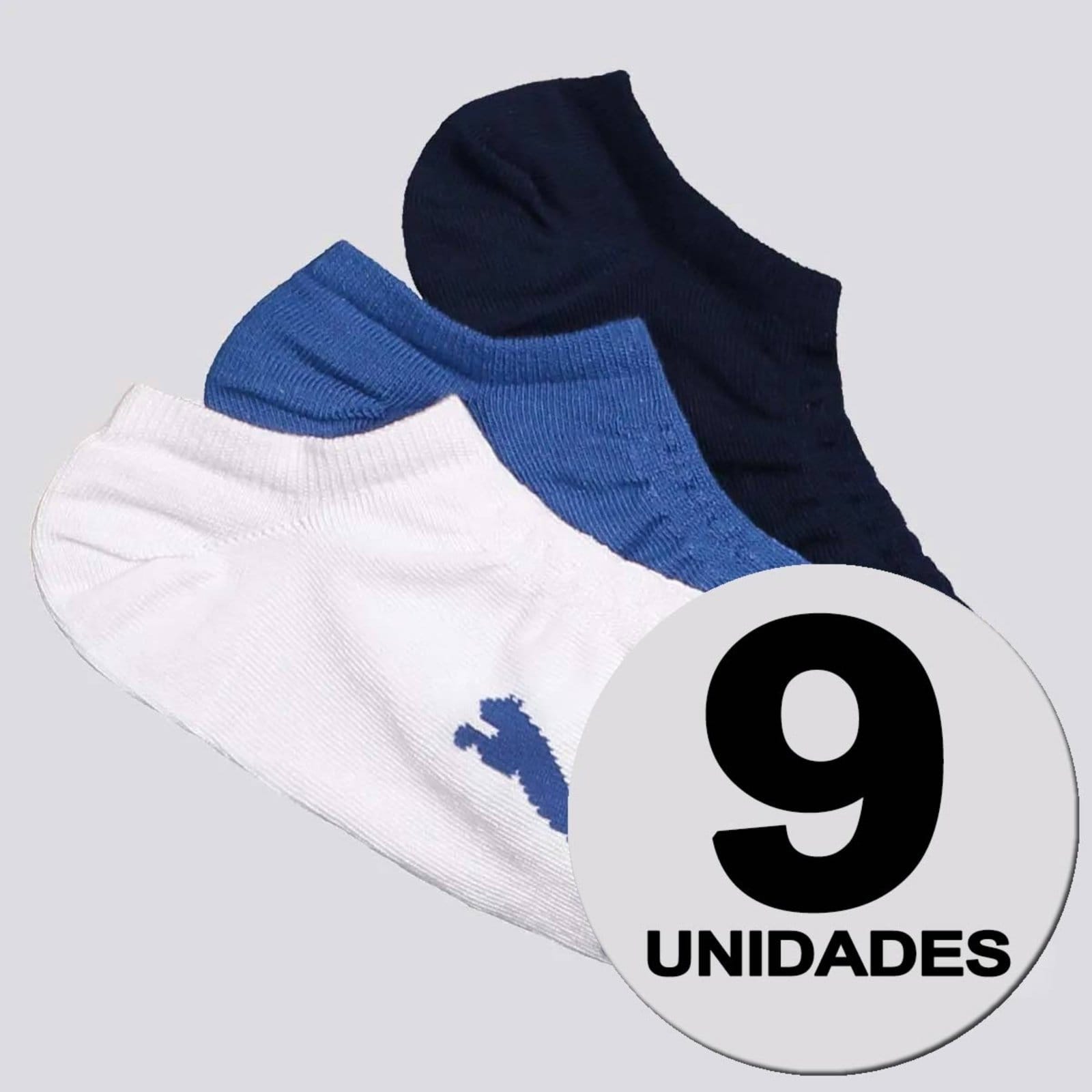 Kit Meia Puma Sapatilha 9 pares Branco Marinho e Azul