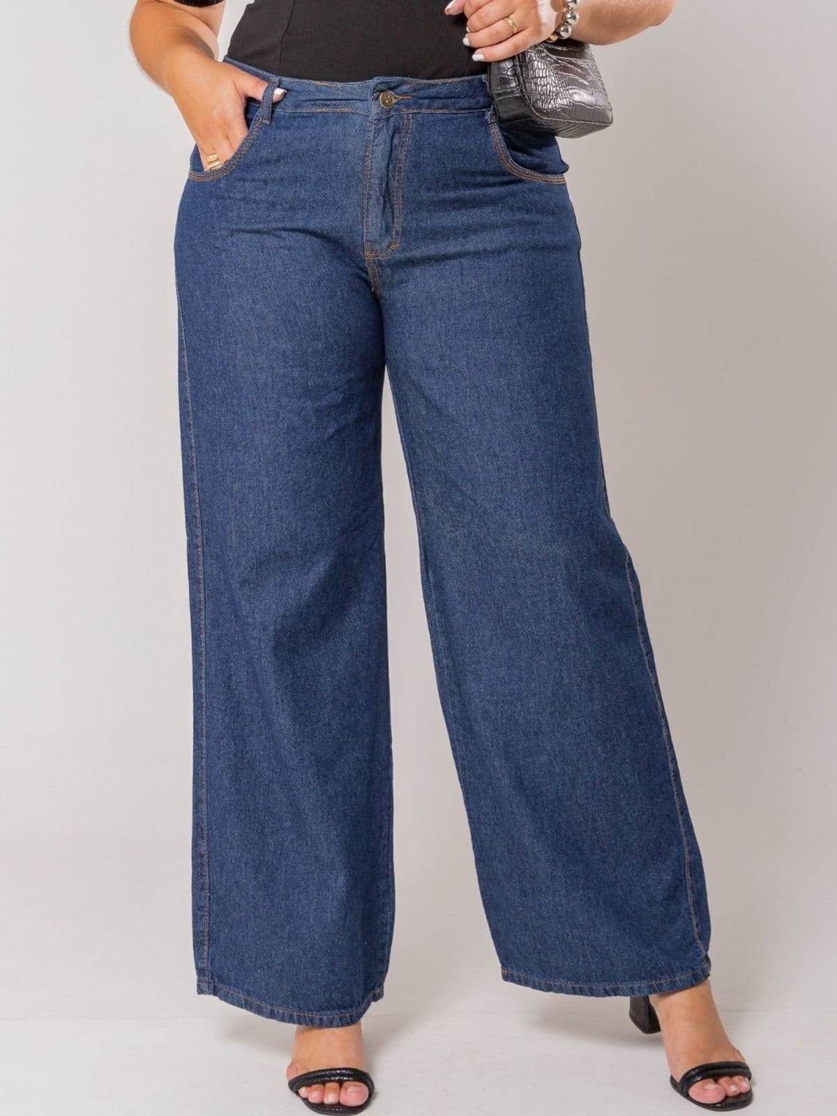 Calça Donna De Paula Wide Leg Jeans Escura Plus Size Cintura Alta Pantalona