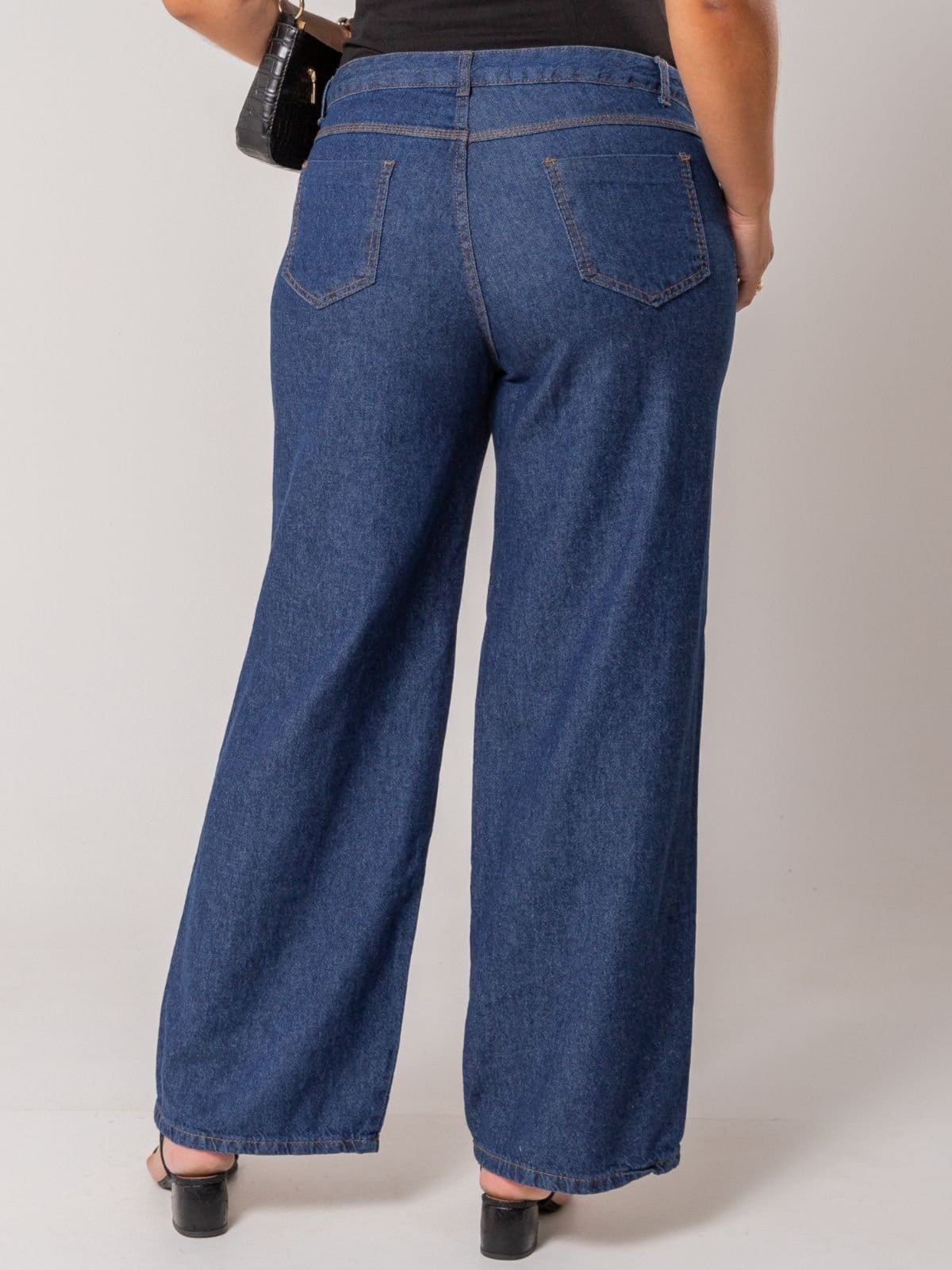 Vista 2 Calça Donna De Paula Wide Leg Jeans Escura Plus Size Cintura Alta Pantalona Donna de Paula azul