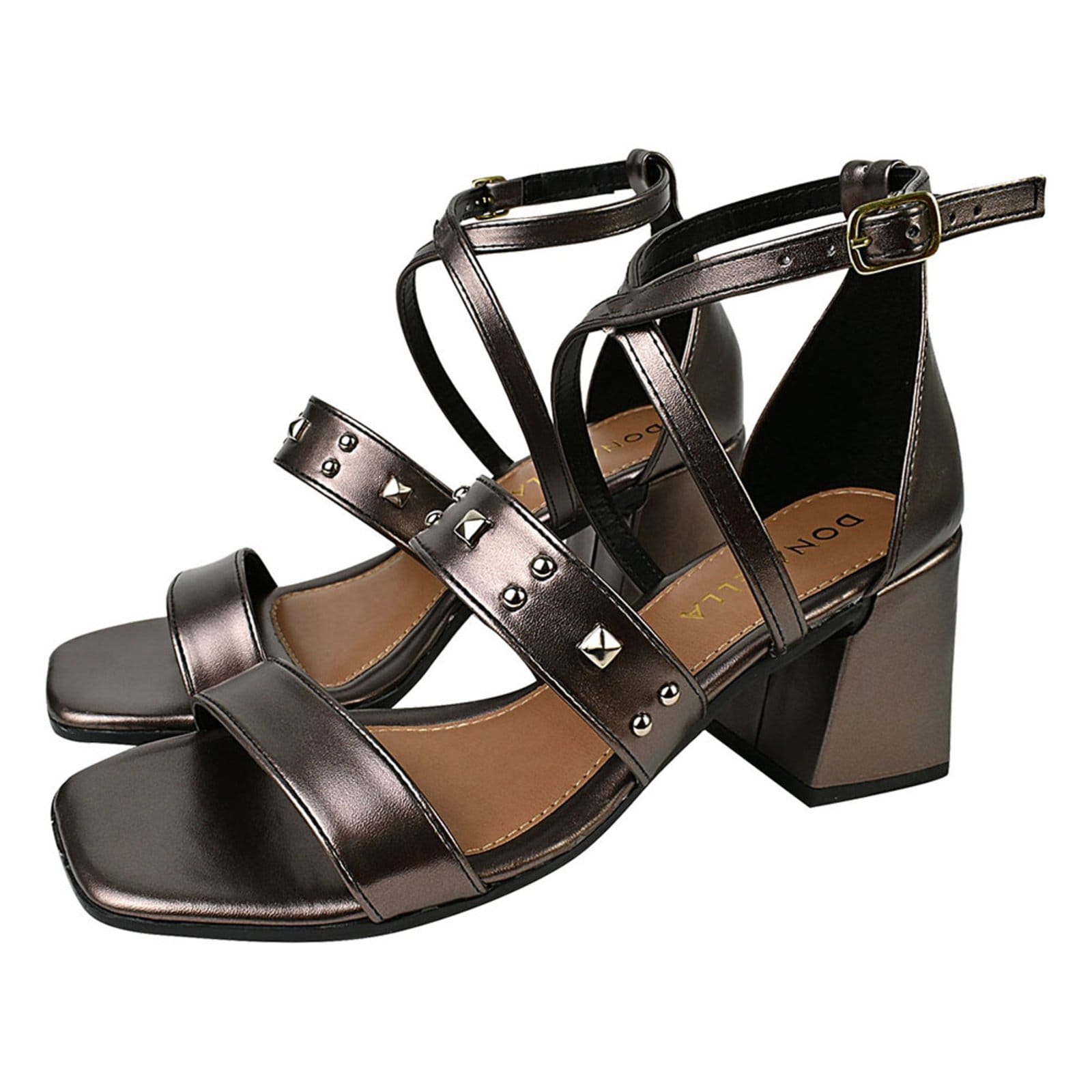 Sandália Feminina Salto Alto Donatella Shoes Bico Quadrado Casual Spike Hotfix Metalizada