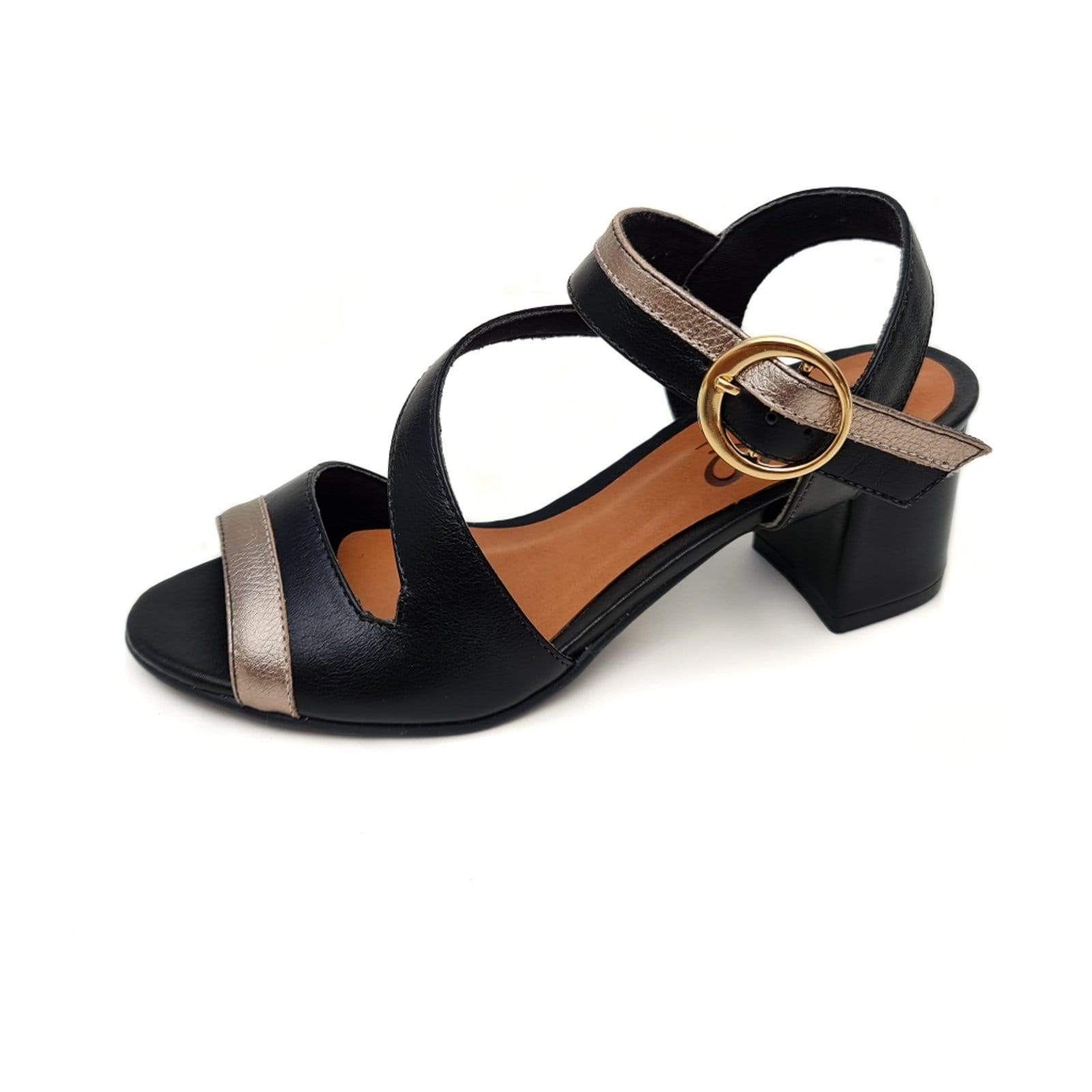 Sandália de Salto em Couro Amo Calçados Ive Preta com Ouro Velho