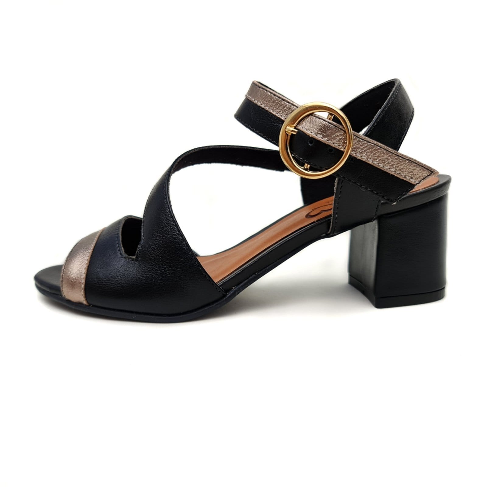 Vista 2 Sandália de Salto em Couro Amo Calçados Ive Preta com Ouro Velho Amo Calçados preto