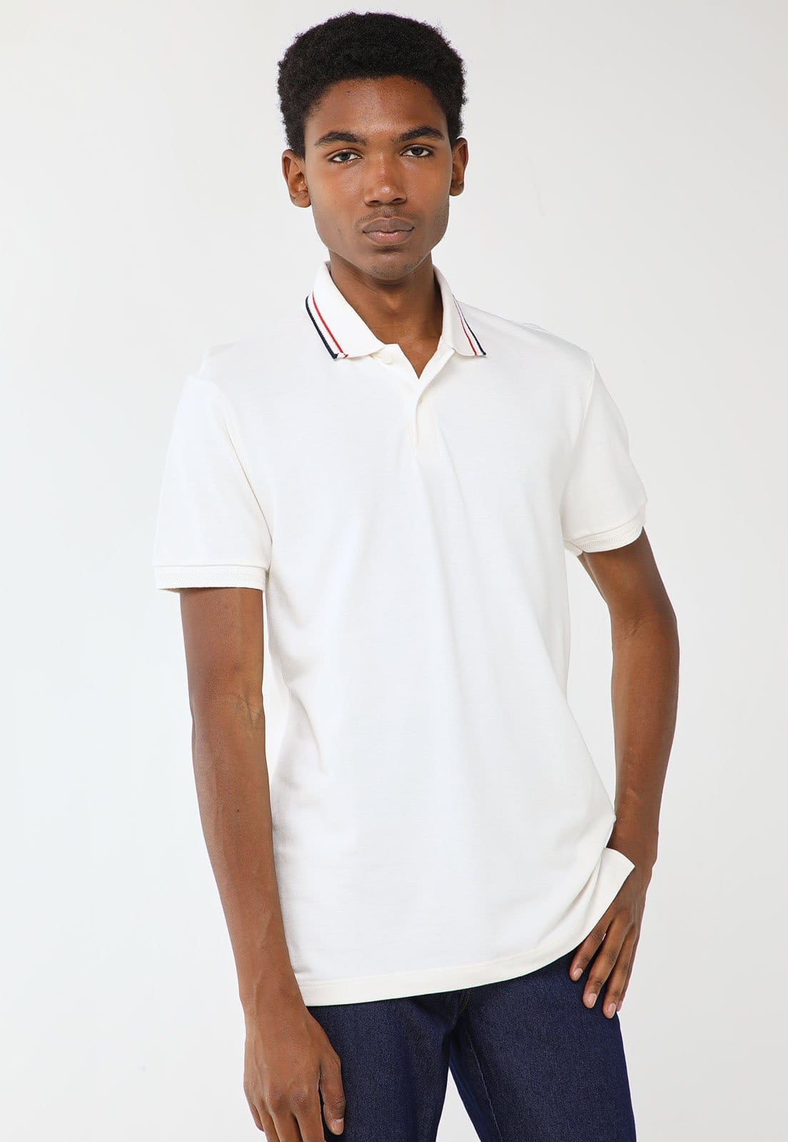 Vista principal Polo Masculina Aramis Gola Listrada Branca Aramis branco