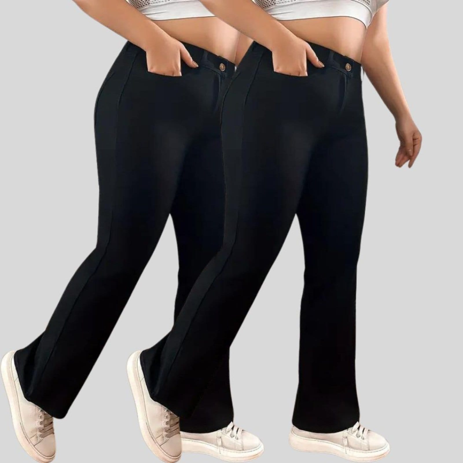 Kit 2 Calças Jeans Feminina Plus Size Corte Reto Preta com Cintura Alta e Empina Bumbum