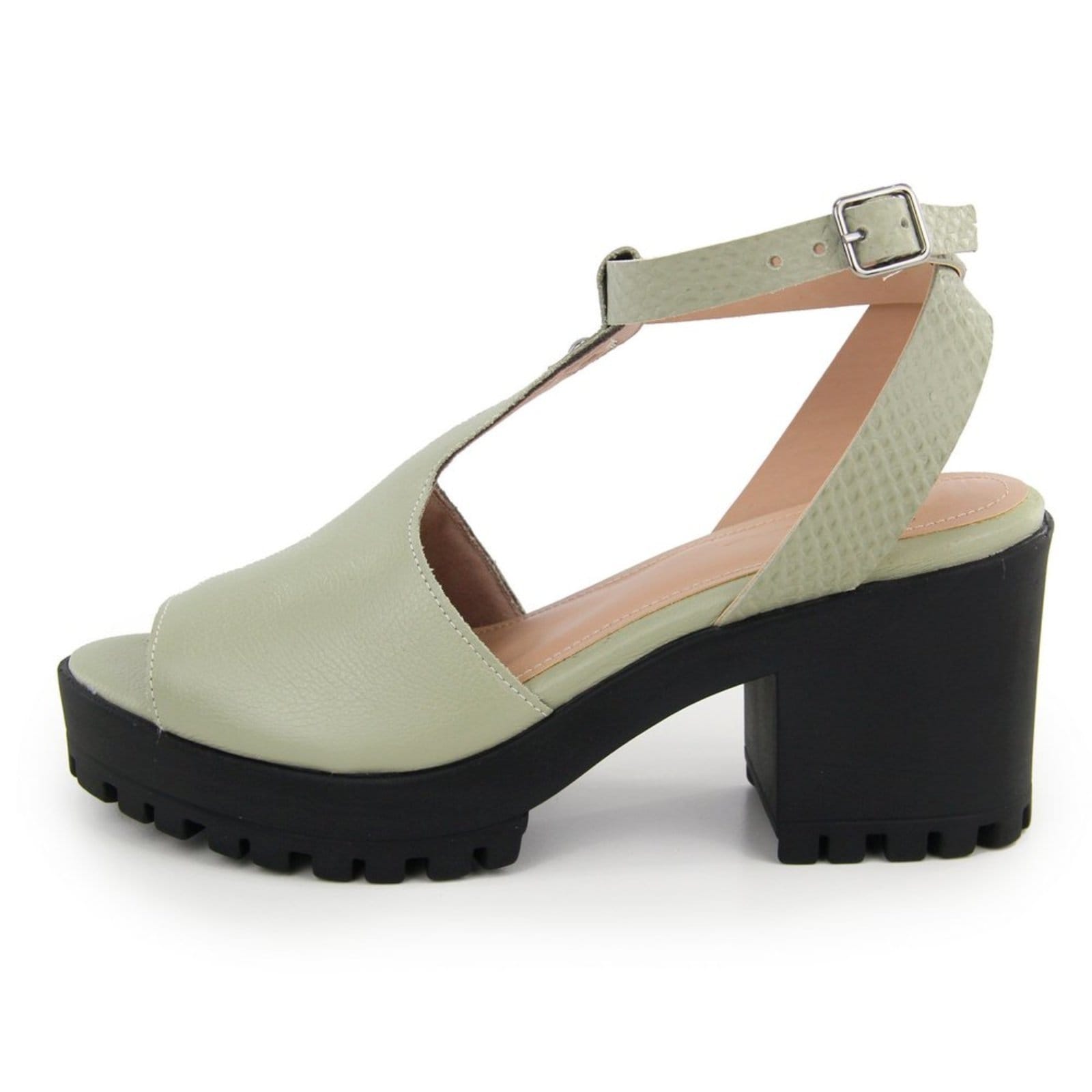 Sandália Feminina Tratorada em Couro Salto Bloco Maria Paula Salvia