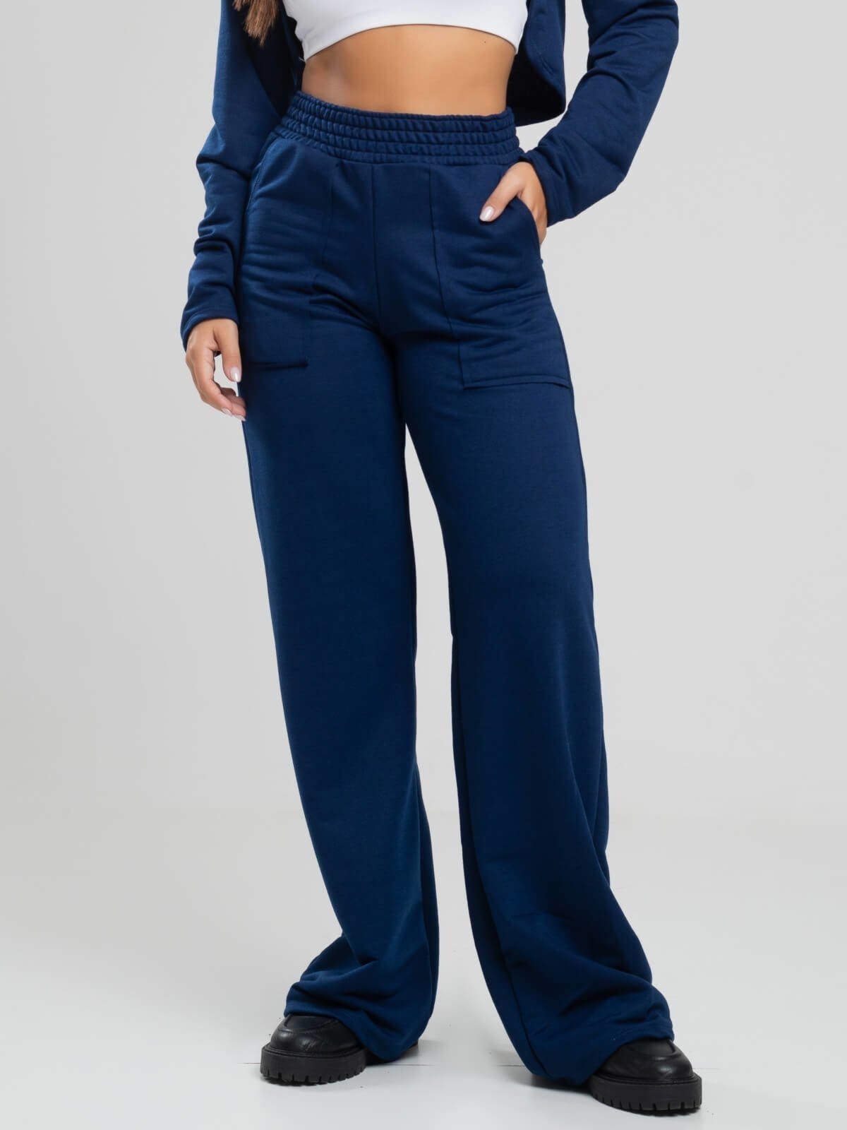 Calça Pantalona Vicbela Cintura Alta Moletinho Wide Leg Marinho