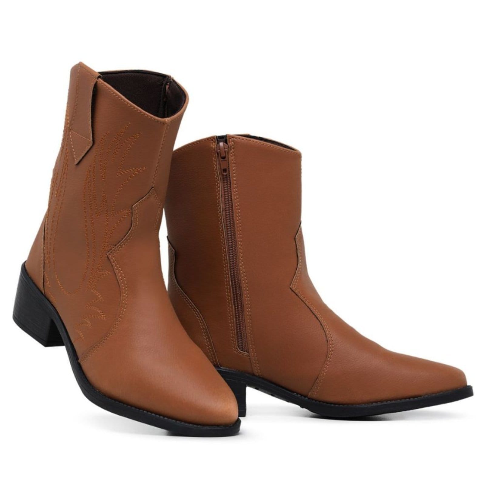 Vista principal Bota Feminina Cano Médio Anna Andrade Texana Bico Fino Western Bordada Salto Baixo Country Anna Andrade caramelo