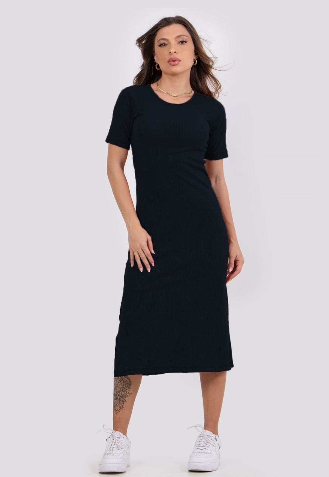 Vestido Midi Rioutlet Ribana Canelado Manga Curta