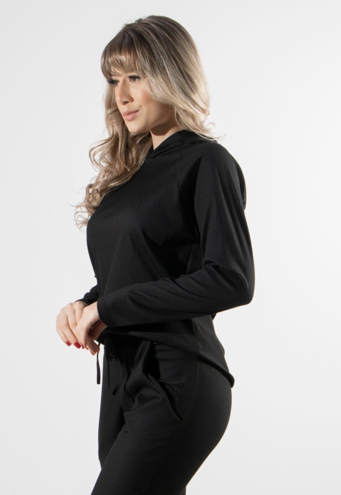 Vista 2 Casaco Comfy Canelada Com Capuz Feminina VEKYO preto