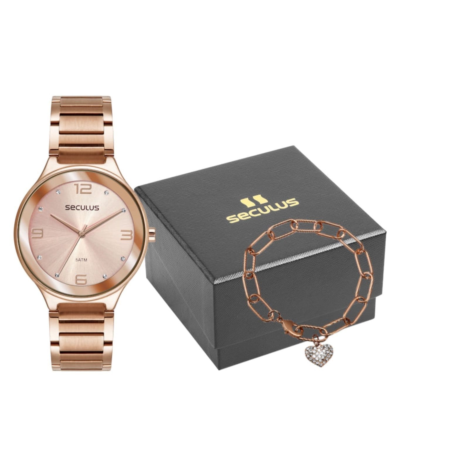Kit Relógio Feminino Casual Cristais Rosé Pulseira Coração