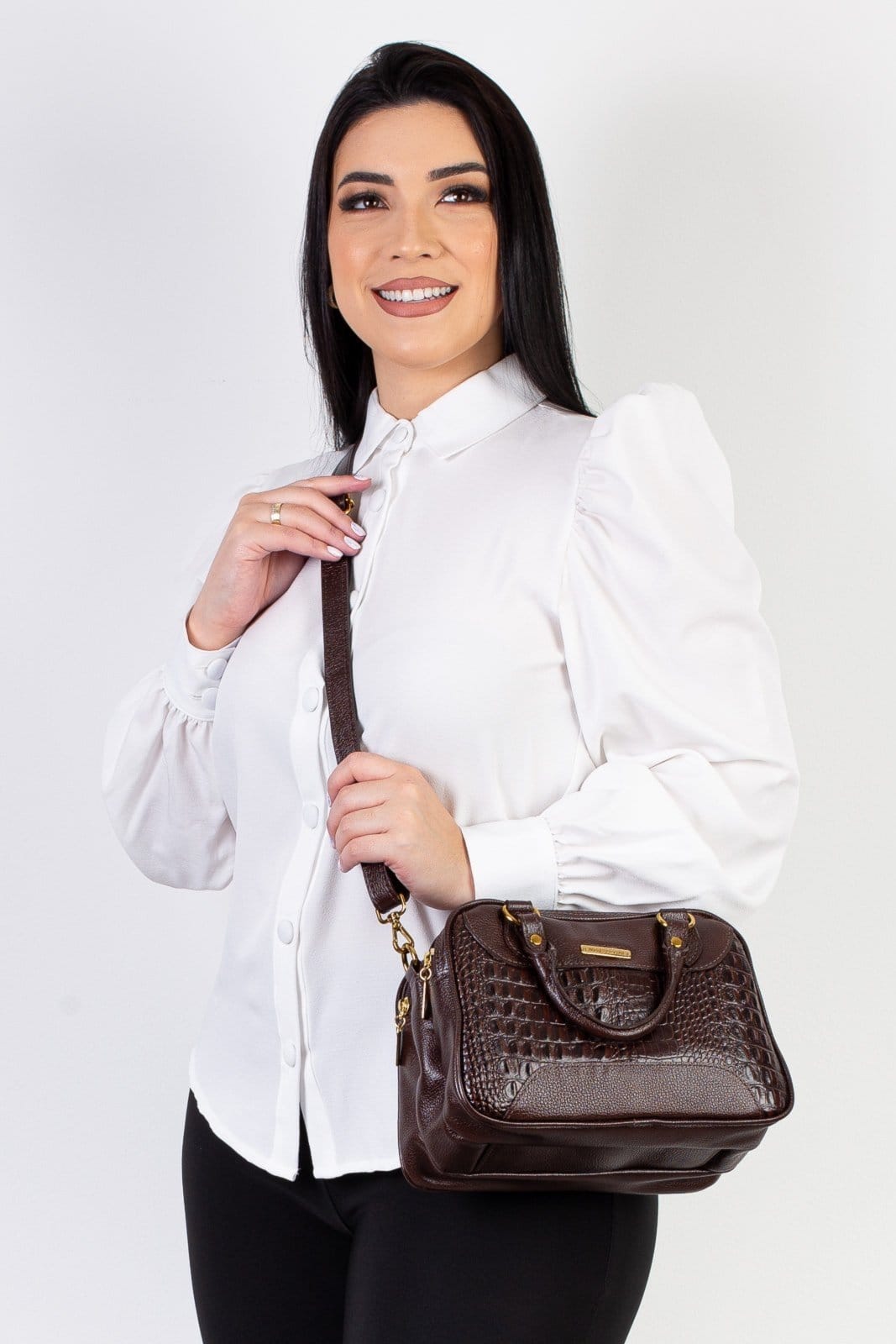 Vista 2 Bolsa Andrea Vinci Pequena De Couro Croco Olívia - Café Andrea Vinci preto