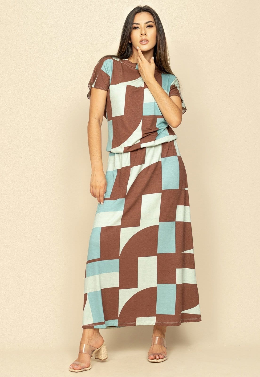 Vista 2 Vestido Longo Morcego Malha Estampa Santa Rosa do Tocantins Cabanafree azul/estampado rosa