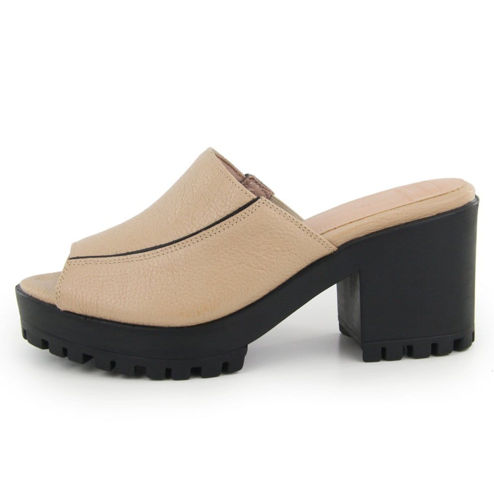 Tamanco Feminino Salto Bloco Tratorada em Couro Maria Paula Amêndoa