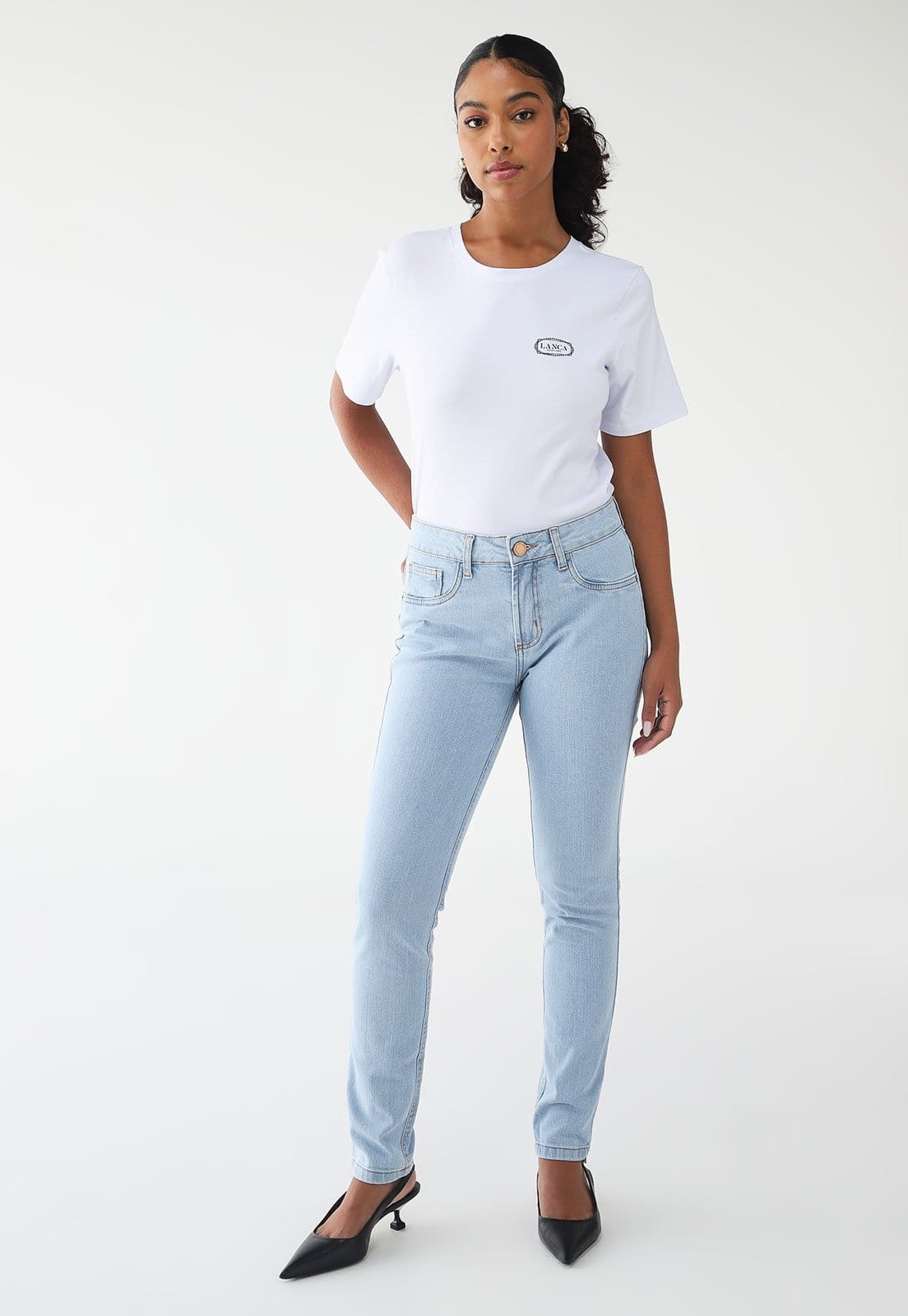 Vista 2 Calça Jeans Lança Perfume Skinny Pesponto Lança Perfume azul