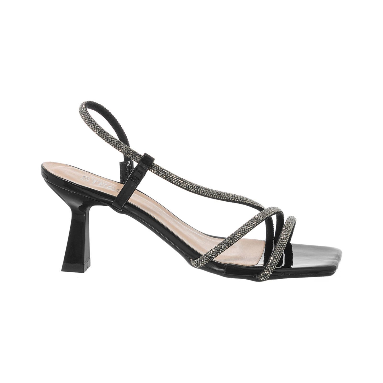 Sandália Feminina Stessy Salto Taça Strass Elegante Festa Brilho Verniz Preto