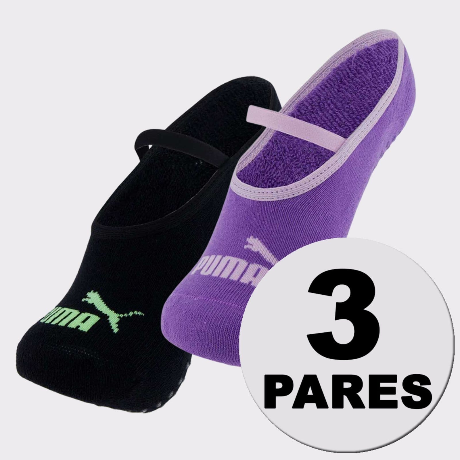 Kit Meia Puma Pilates Feminina 2 pares Roxa e Preta