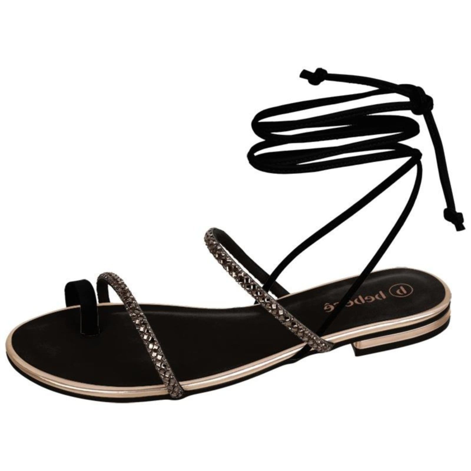 Sandália Feminina Rasteira Amarração Preta Brilho Conforto