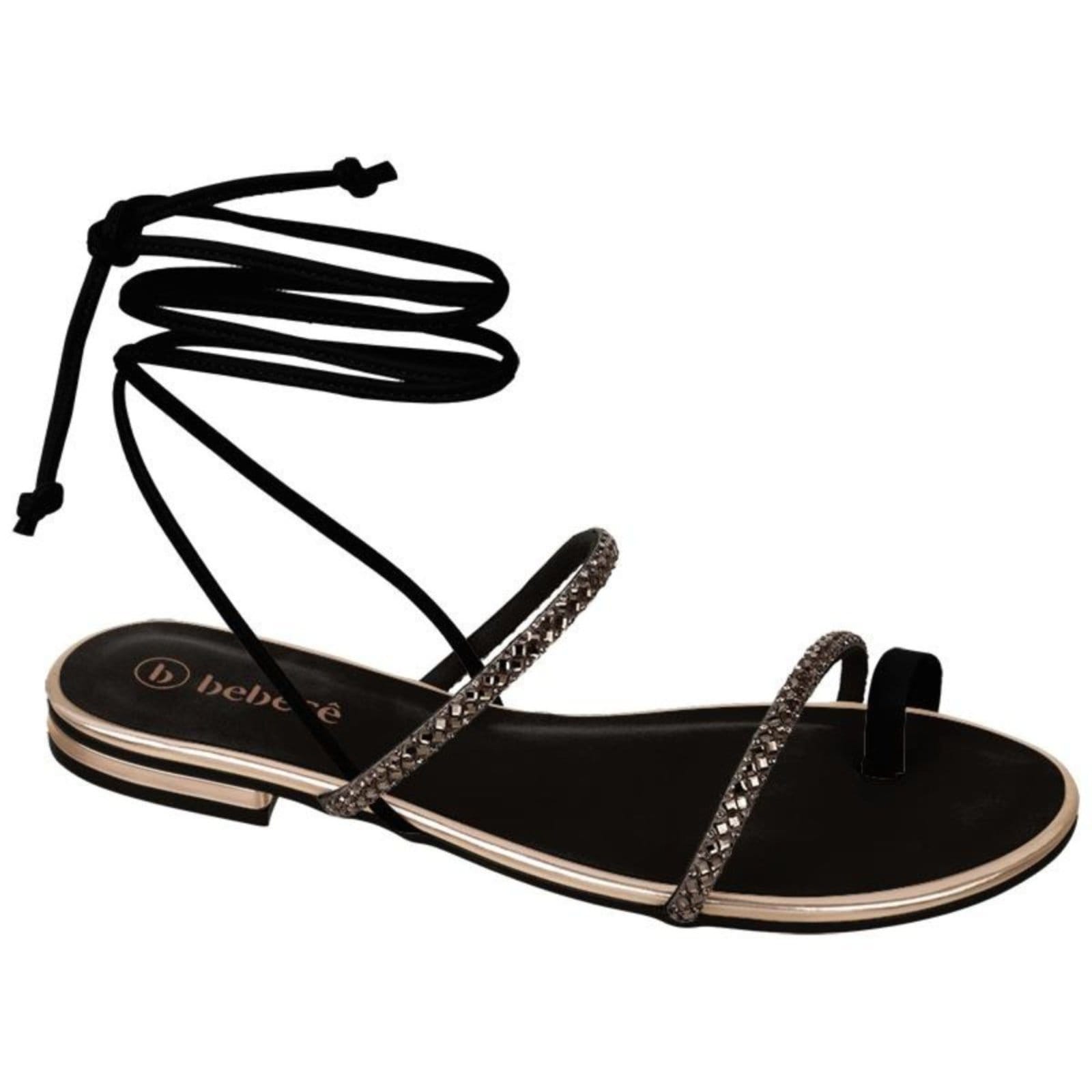 Vista 2 Sandália Feminina Rasteira Amarração Preta Brilho Conforto Santa Rosa preto