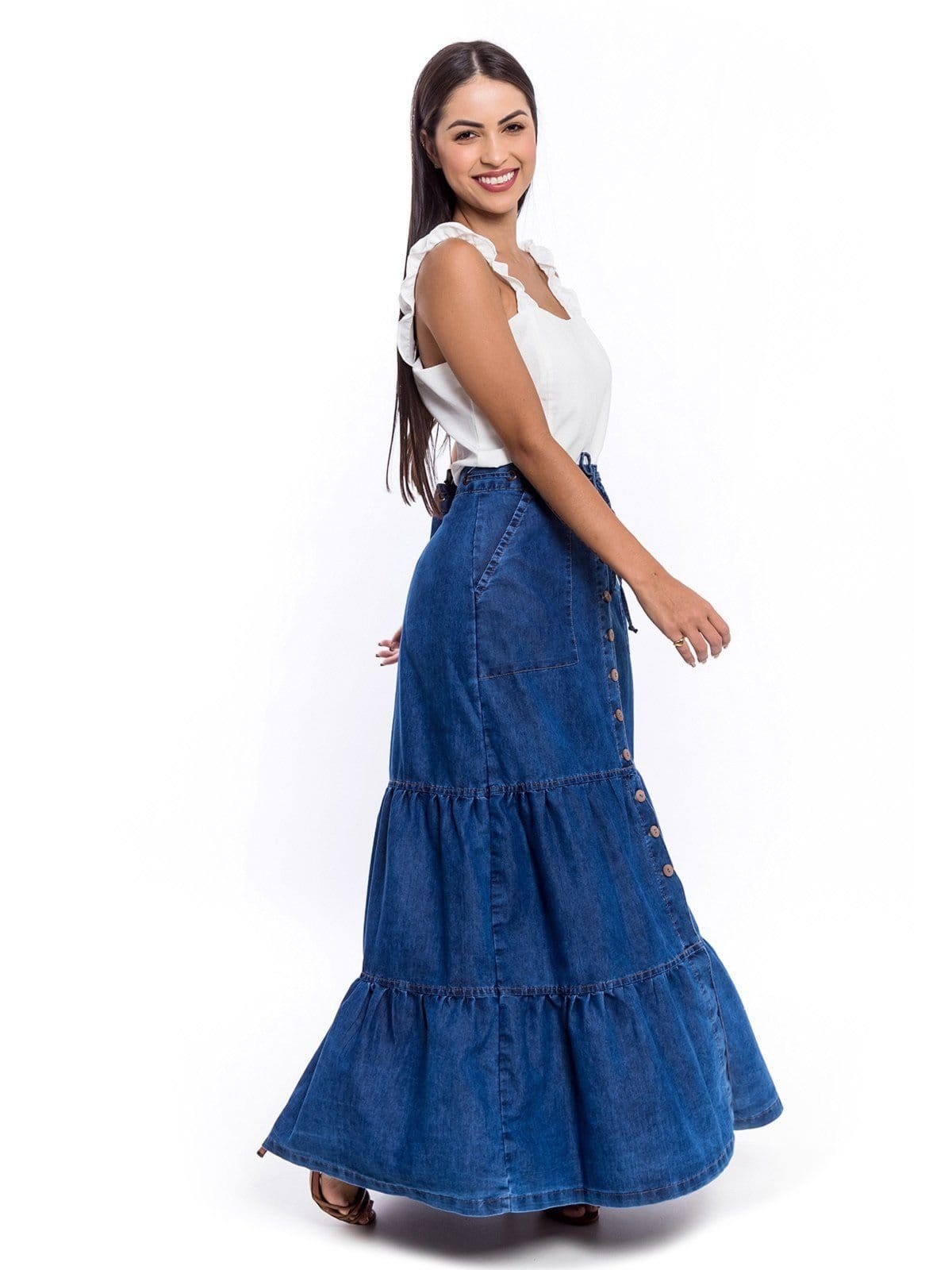 Saia Longa Restrito Jeans 3 Marias Com Botões ESCURO