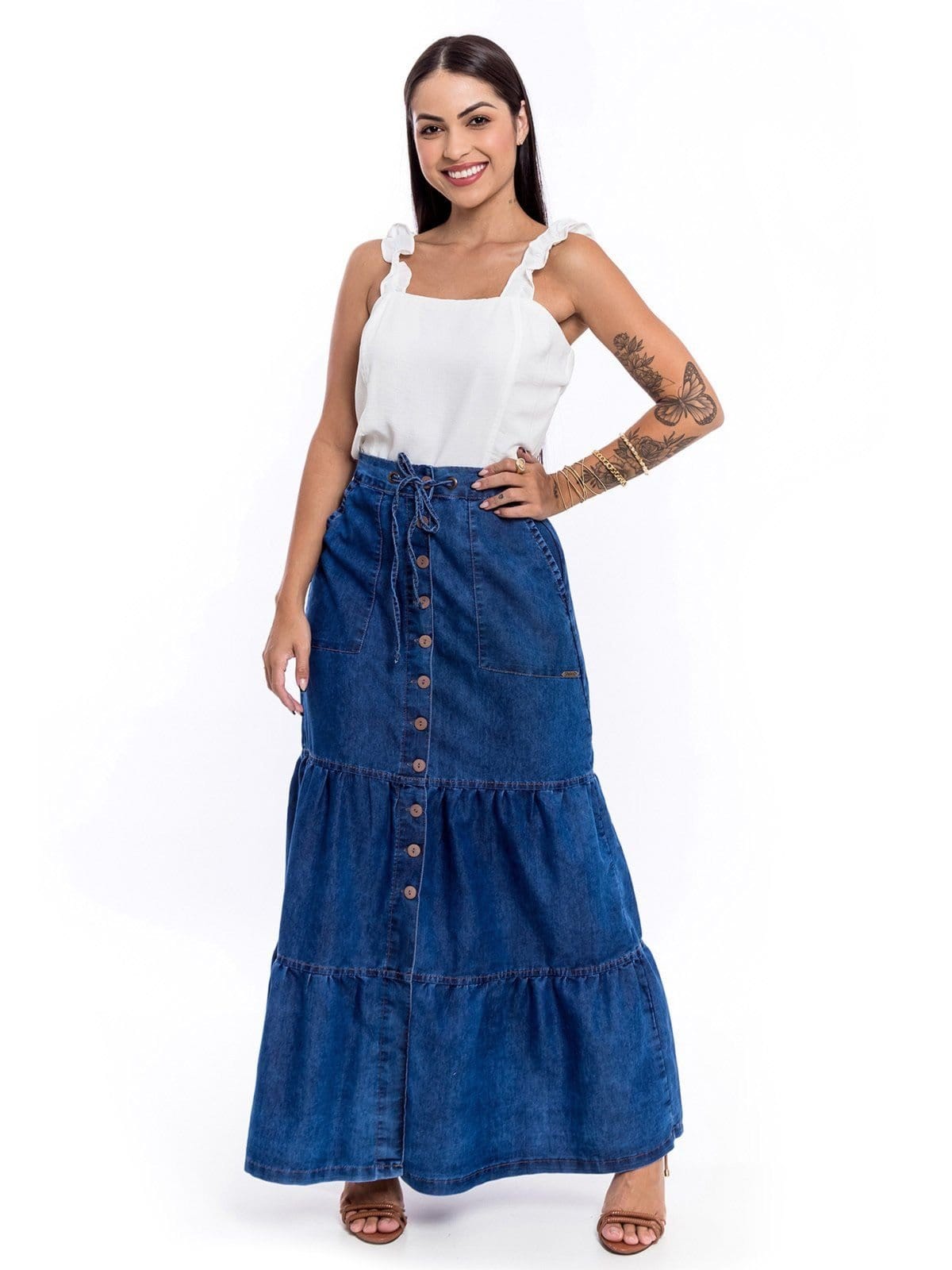 Vista 2 Saia Longa Restrito Jeans 3 Marias Com Botões ESCURO Restrito Jeans azul
