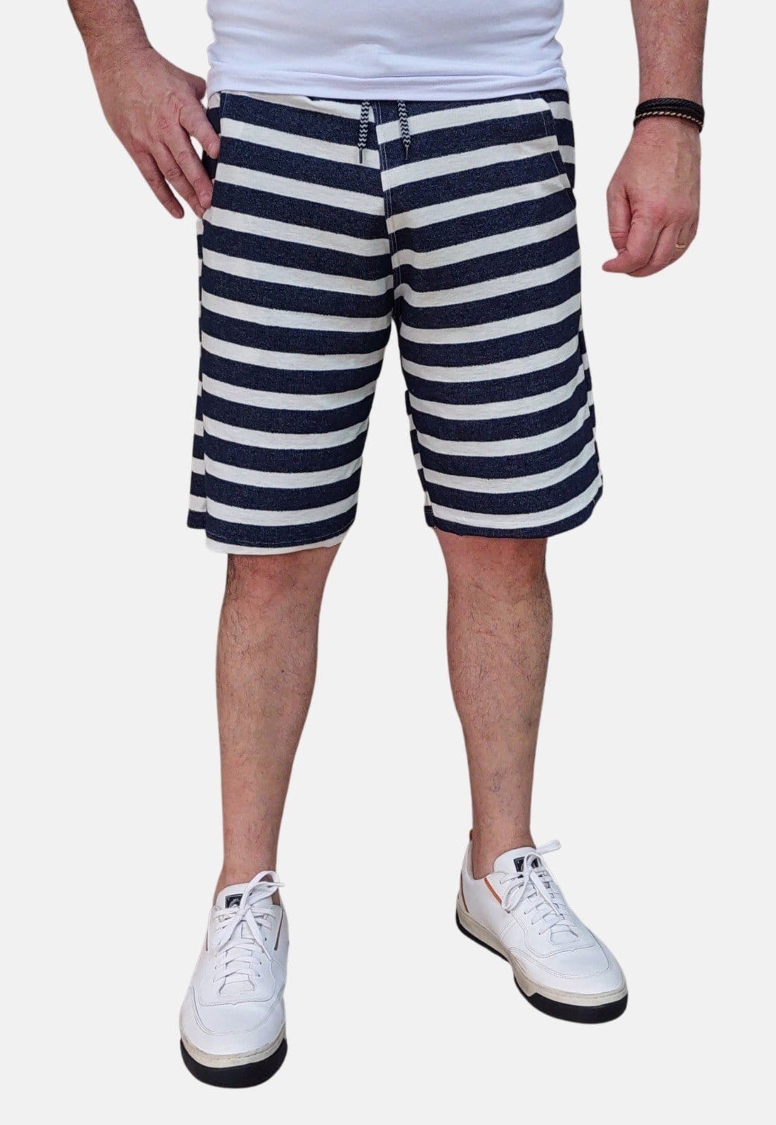 Bermuda Moletom Masculina Academia Boen Jeans Listrada Azul Branco