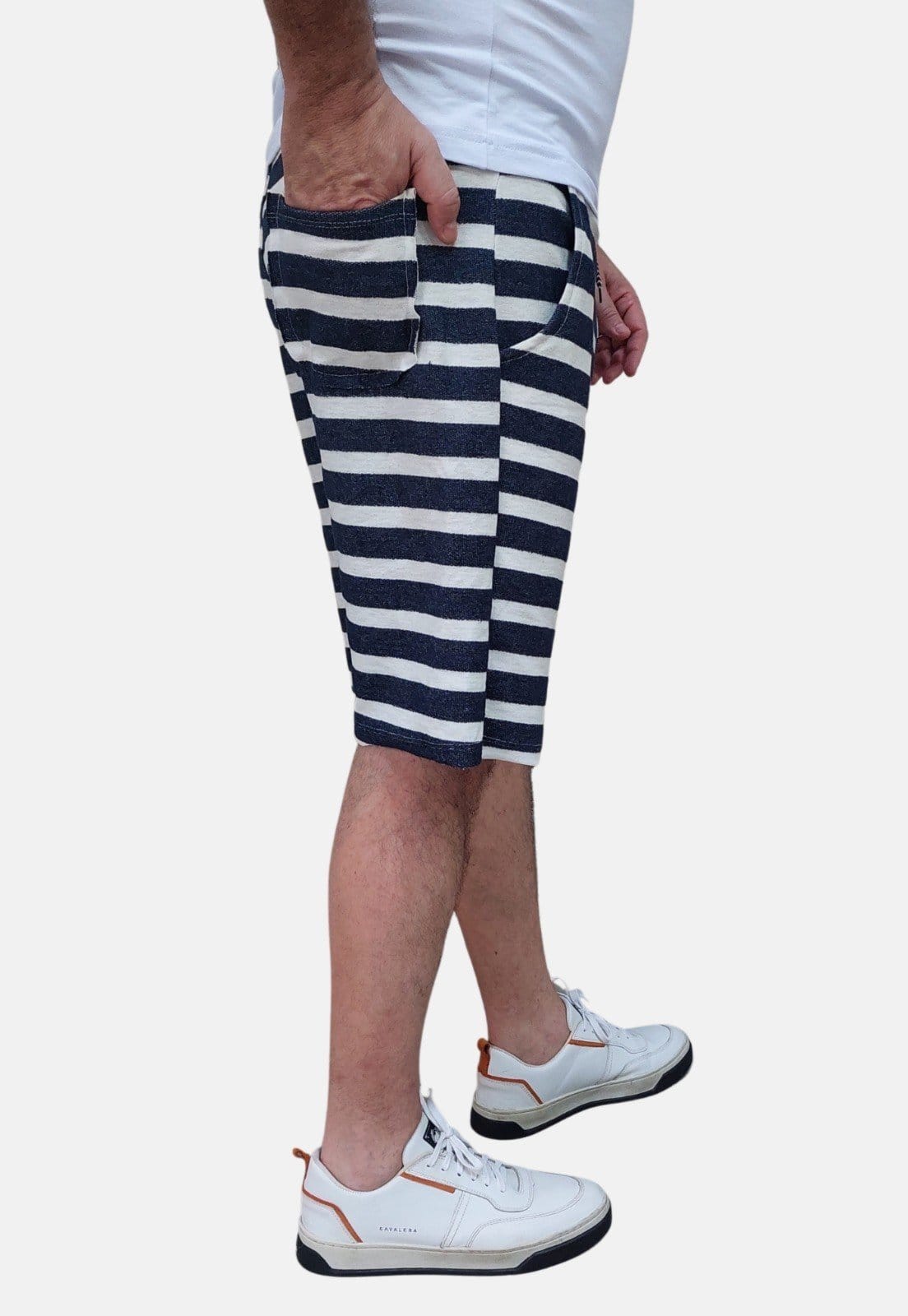 Vista 2 Bermuda Moletom Masculina Academia Boen Jeans Listrada Azul Branco BOEN JEANS azul marinho