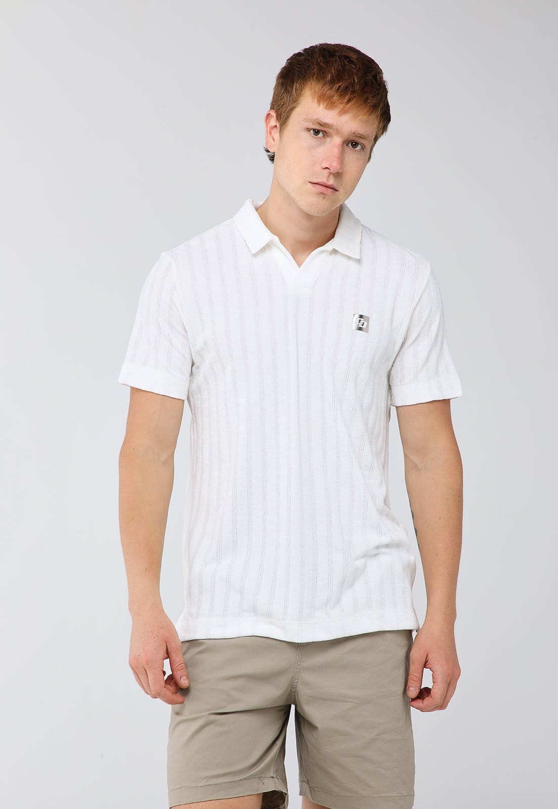 Vista principal Polo Masculina Colcci Listras Texturizadas Branca Colcci branco