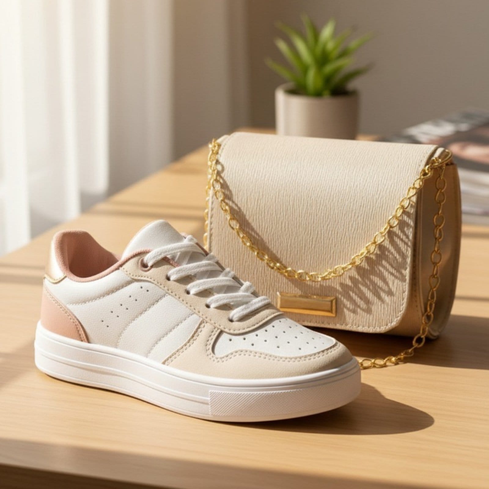 Vista 2 Tênis Sneakers Feminino Retrô Conforto Diário com Bolsa Off-White Moda Atemporal Sapatofran branco/dourado/rosê white