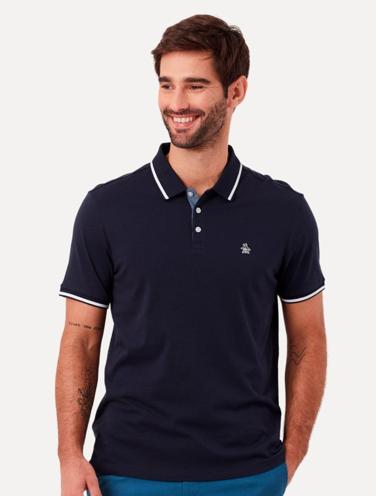 Polo Original Penguin Masculina Malha Jersey Lisa Frisos Marinho