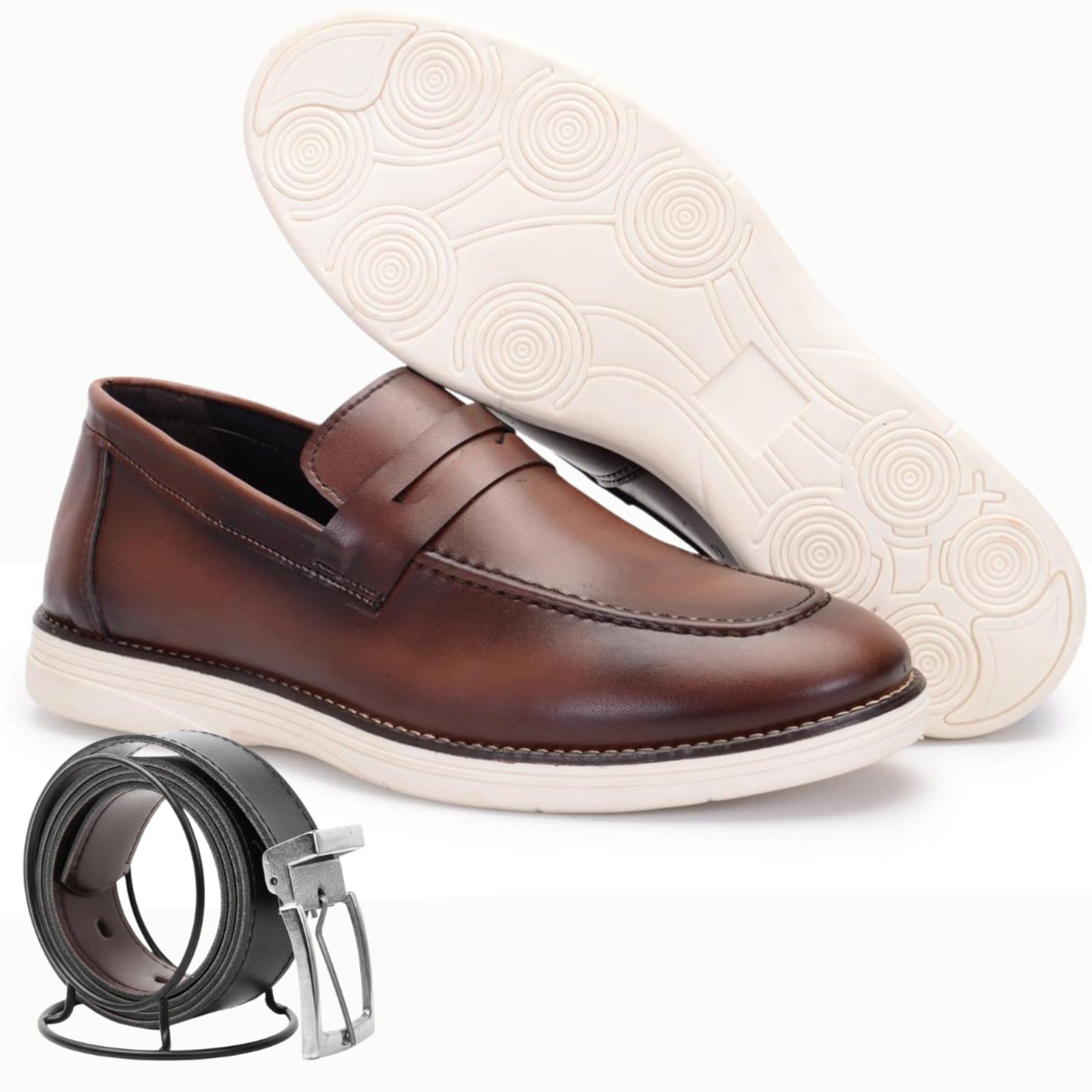 Kit Mocassim Masculino Sapatofran Couro Calce Fácil e Cinto Dupla Face Café