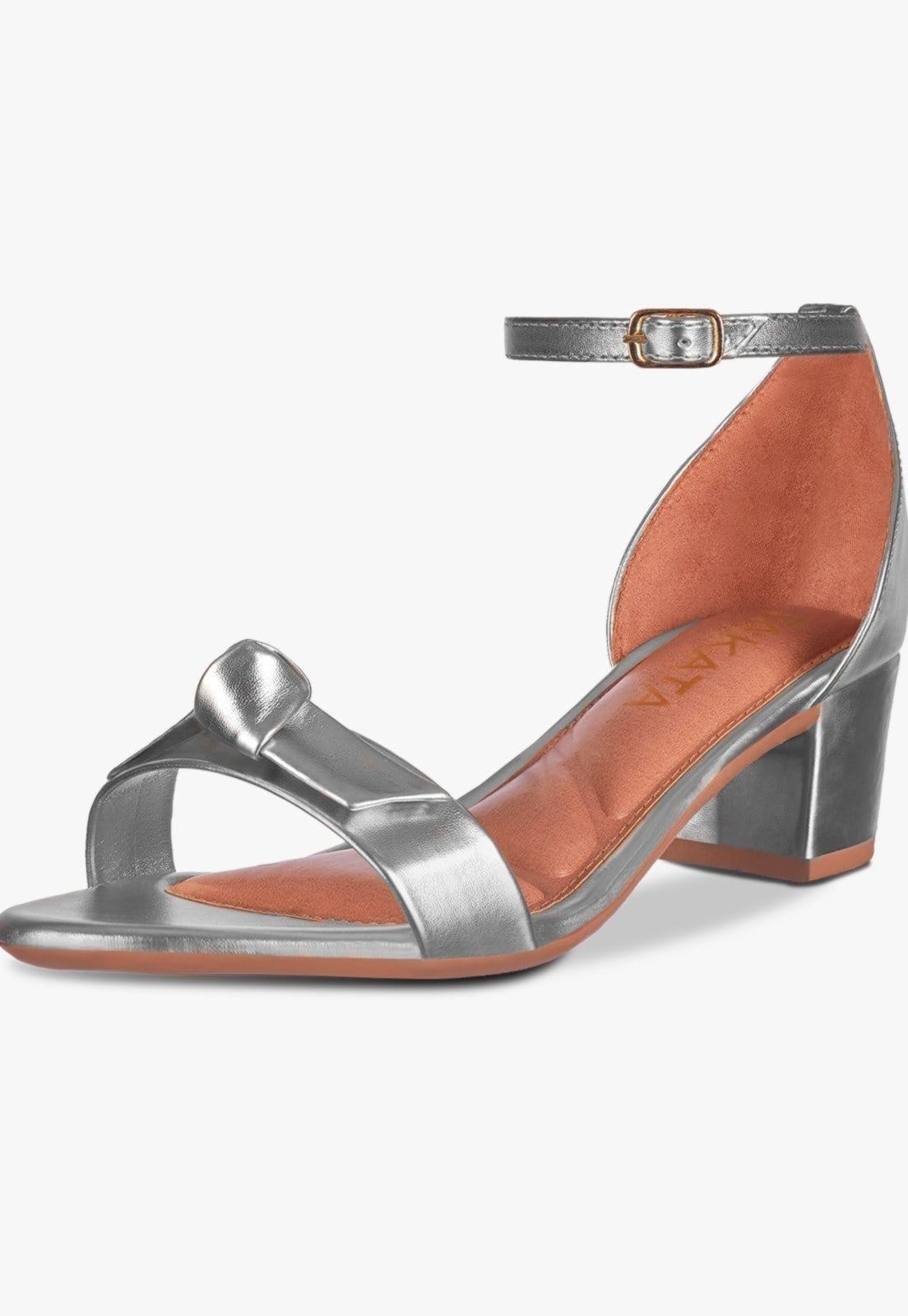 Sandália Feminina Salto Quadrado Bloco Baixo Laço Nó Metalizado