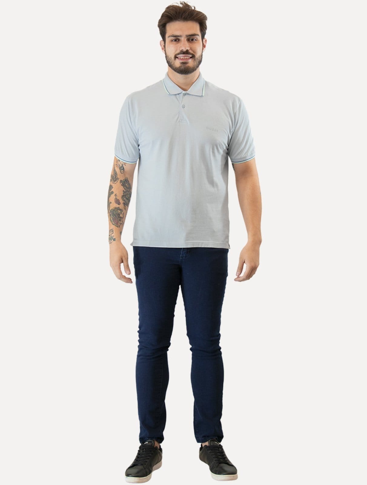 Vista 2 Polo Guess Masculina Piquet Frieze Logo Relief Claro Guess azul