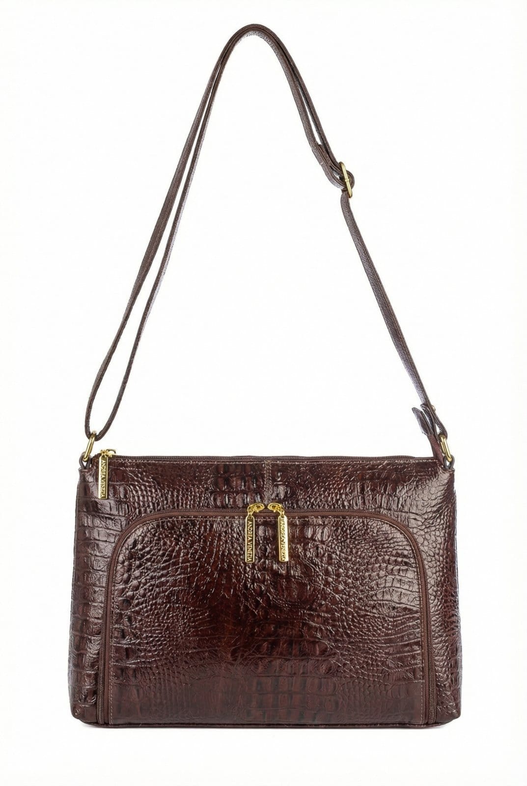 Vista principal Bolsa de couro croco tiracolo Ninna - Café Andrea Vinci preto