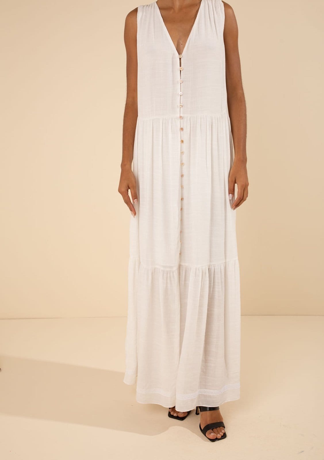 Vista 2 Vestido Morena Rosa Solto Decote V Sem Manga Longo Off-white Morena Rosa off-white rosa