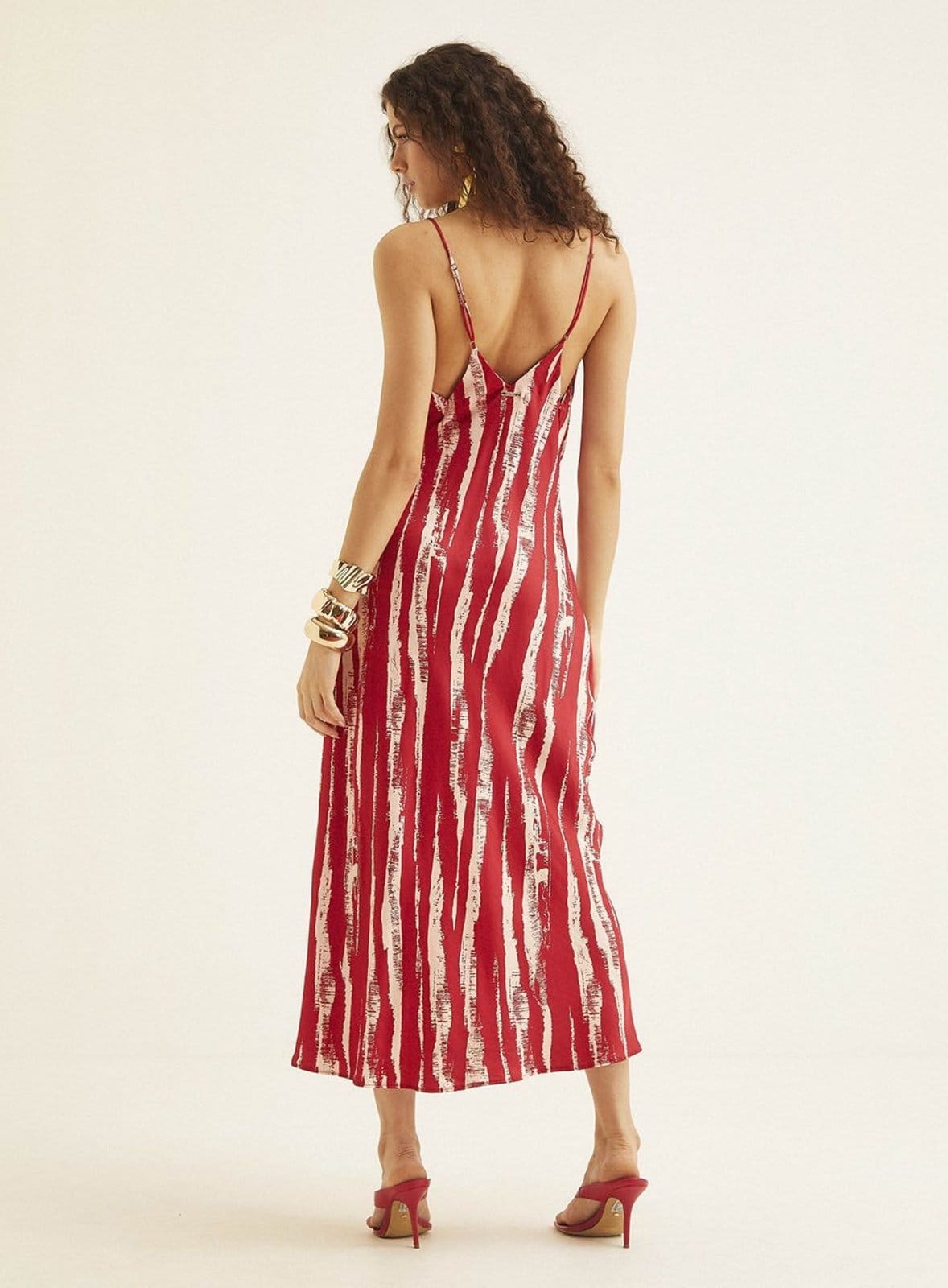 Vista 2 Vestido Longo Estampado Decote Degagê Triton Summer Lines Triton vermelho