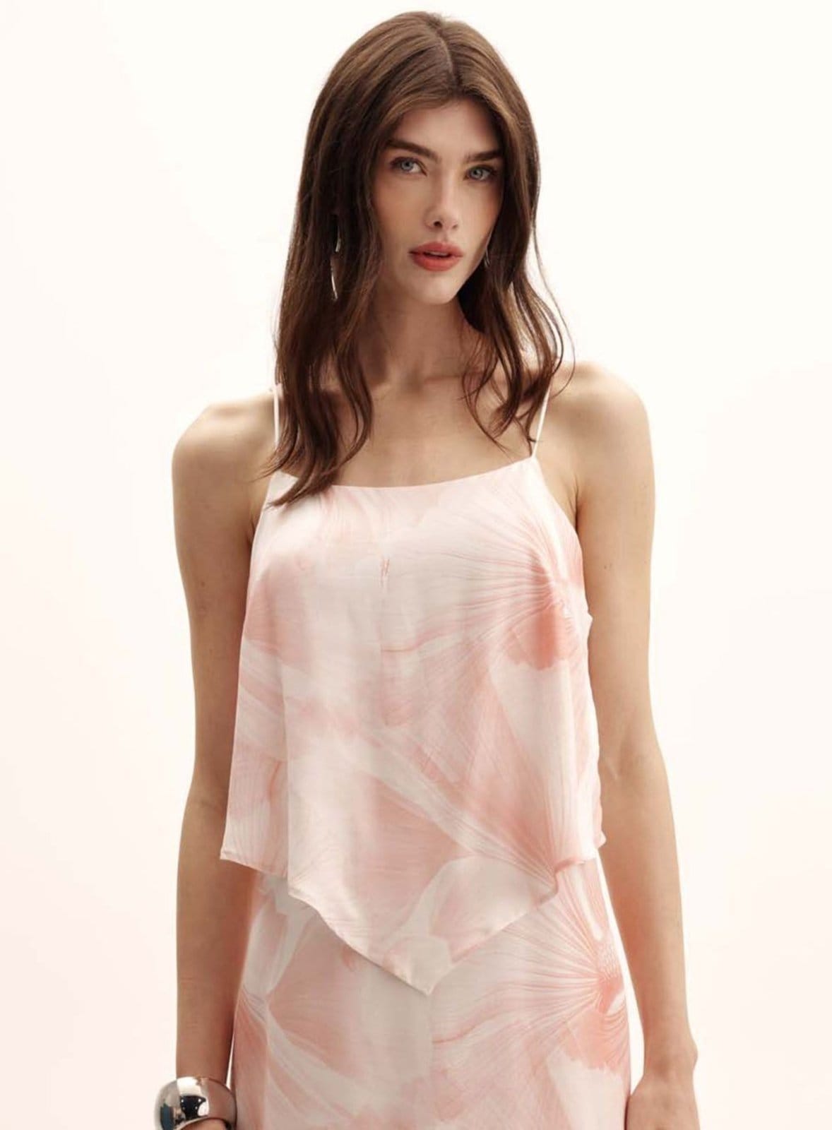 Vestido Longo com Sobreposição e Estampa Fish Flower Triton Off White