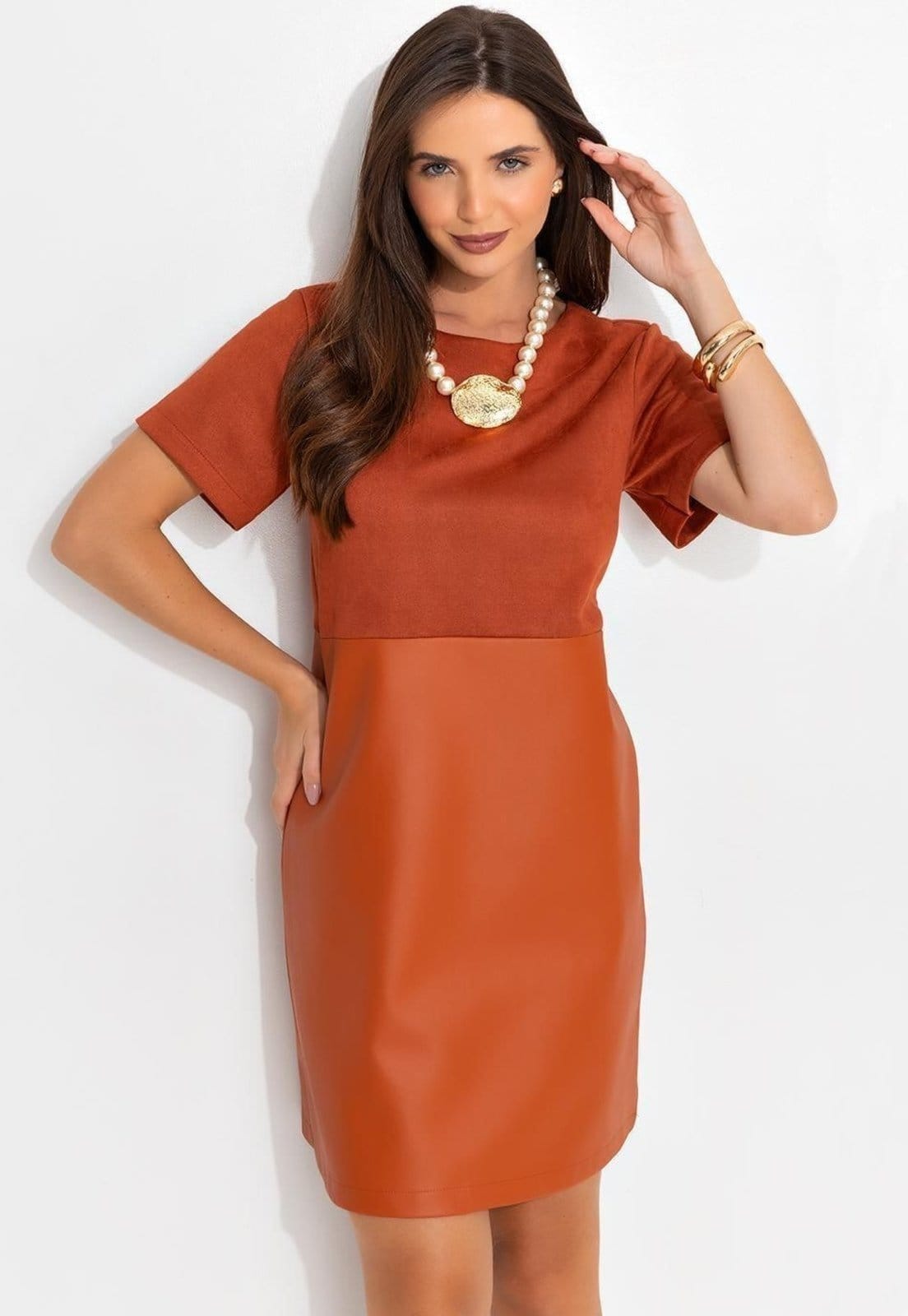 Vista 2 Vestido Em Malha Suede Ferrugem Quintess laranja