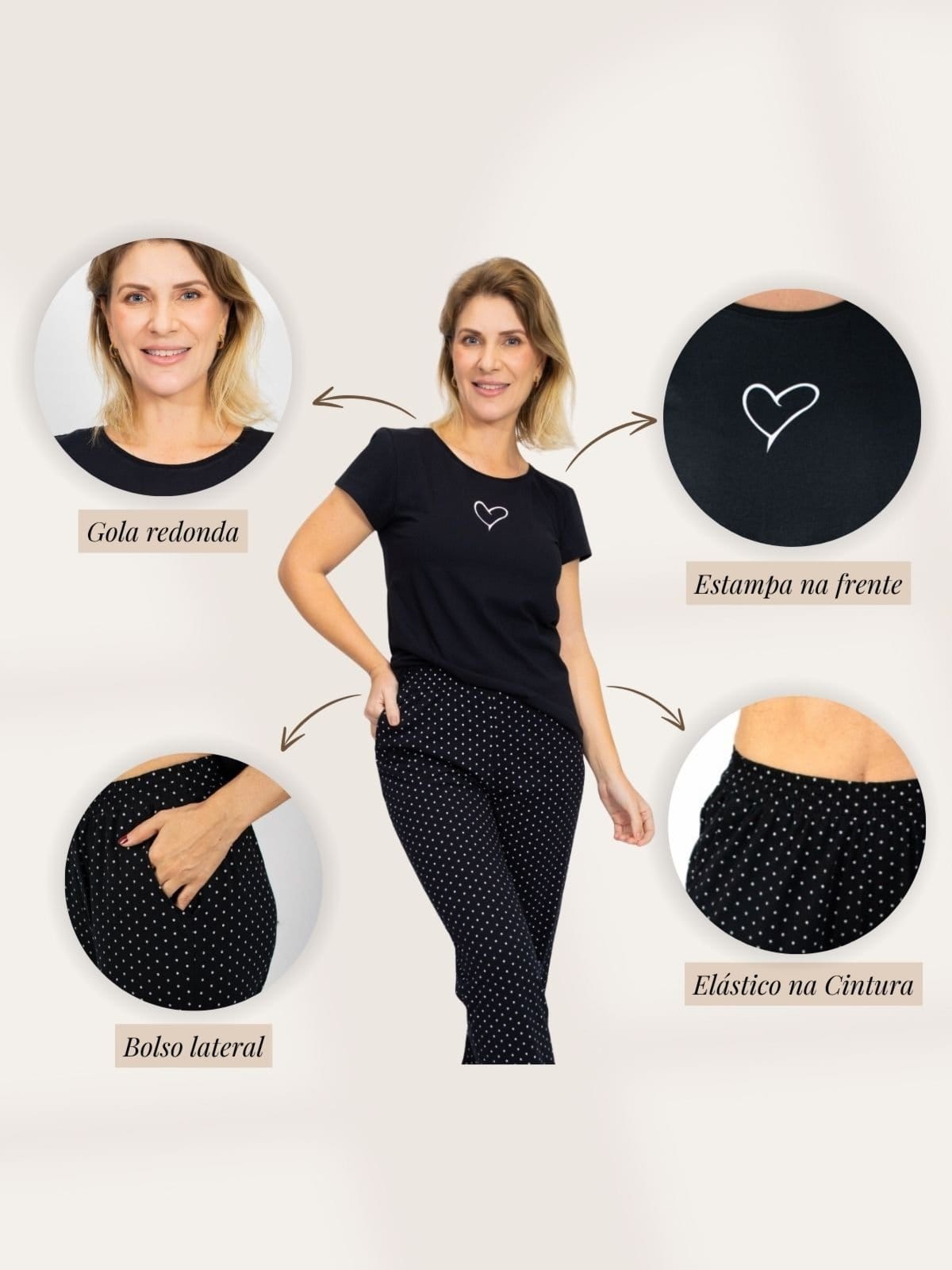 Vista 2 Pijama Algodão Feminino Blusa Manga Curta e Calça Inverno Adulto Coração Piante preto
