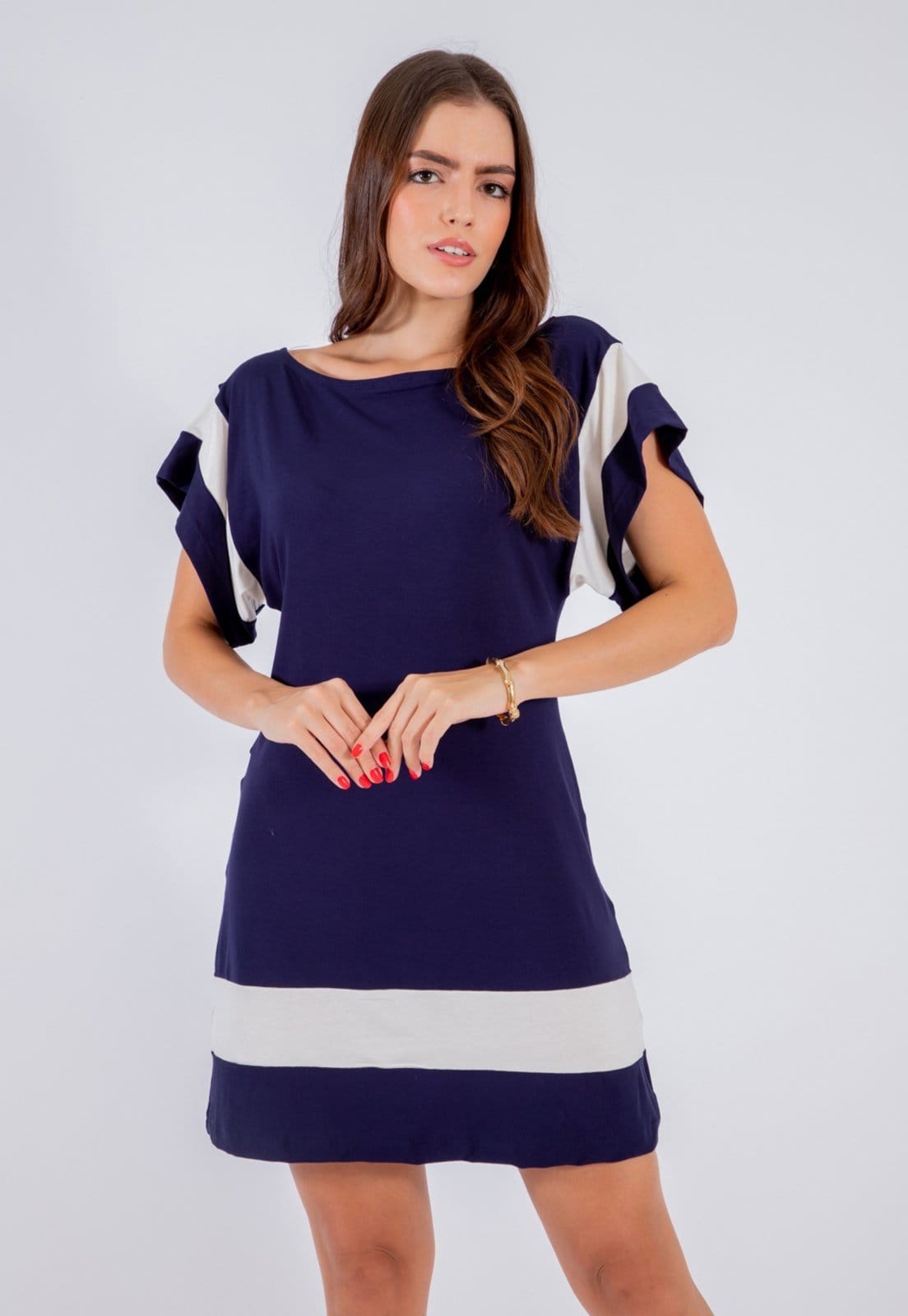 Vista 2 Vestido Viscolycra Maria Paes Curto Marinho e Off White Maria Paes azul marinho white