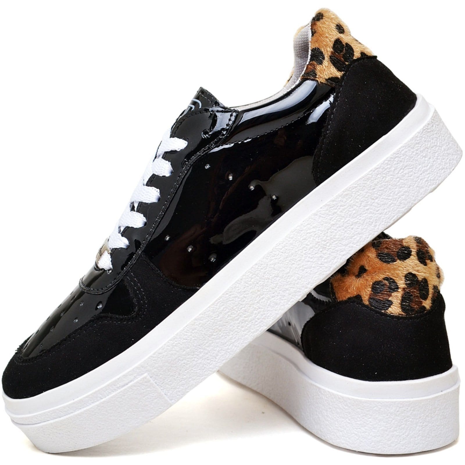 Tênis Feminino Casual Polo Blu Sola Alta em Verniz e Camurça Preto