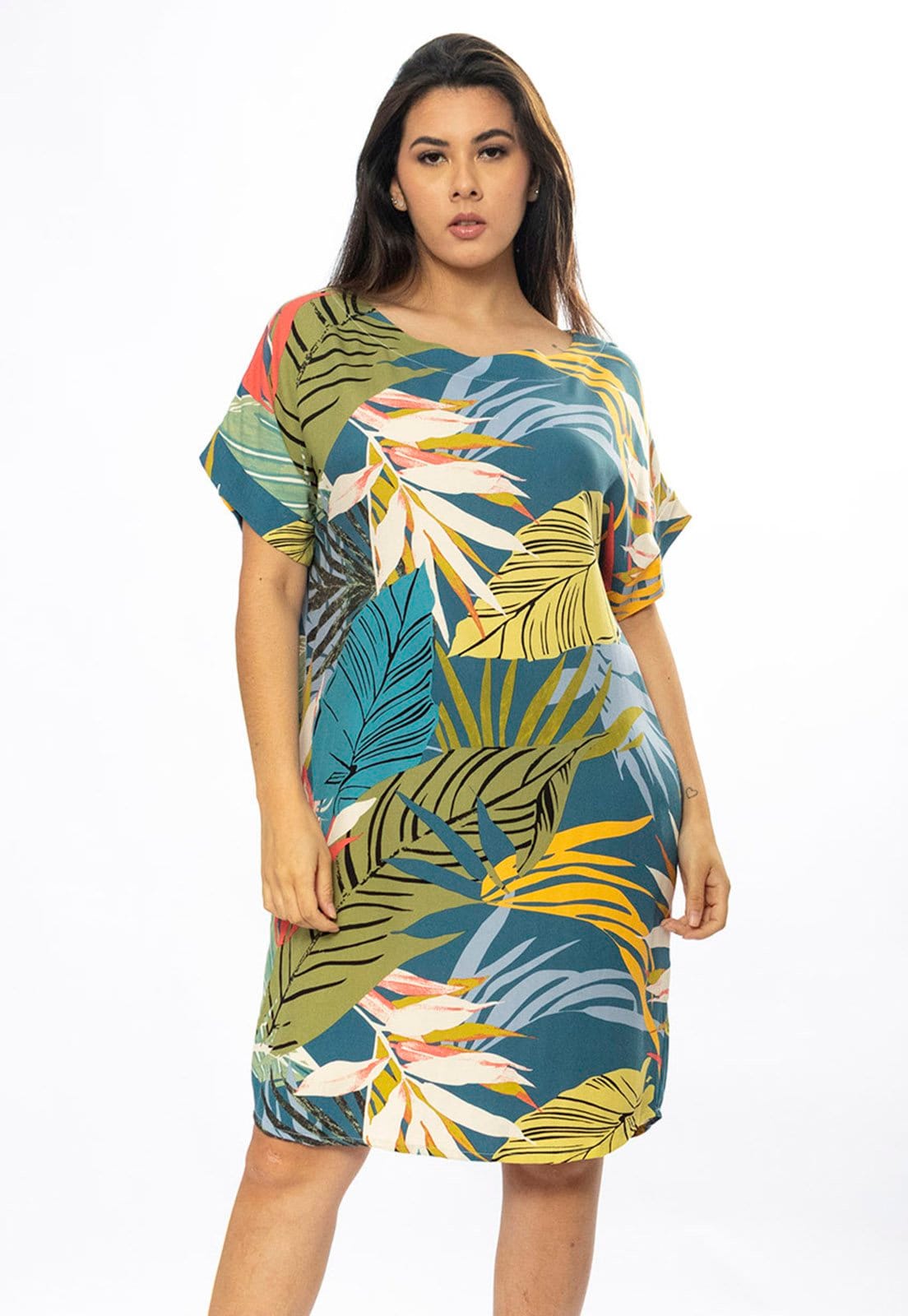 Vista 2 Vestido Curto Cabanafree Viscose com Bolso Estampa Brisa Botânica Cabanafree amarelo/estampado/verde