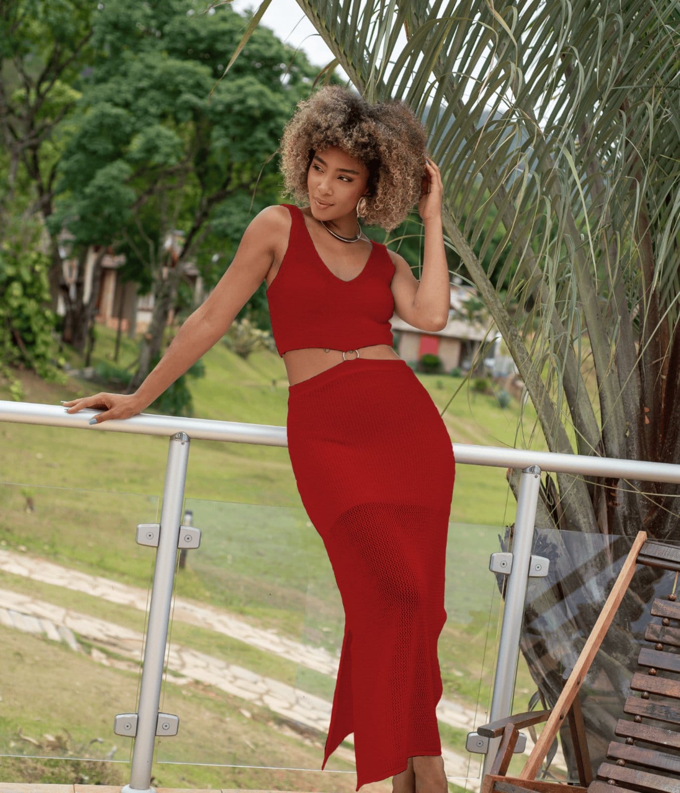 Vestido Cherry Line Tricot Longo Alça Abertura Cintura Fenda Textura