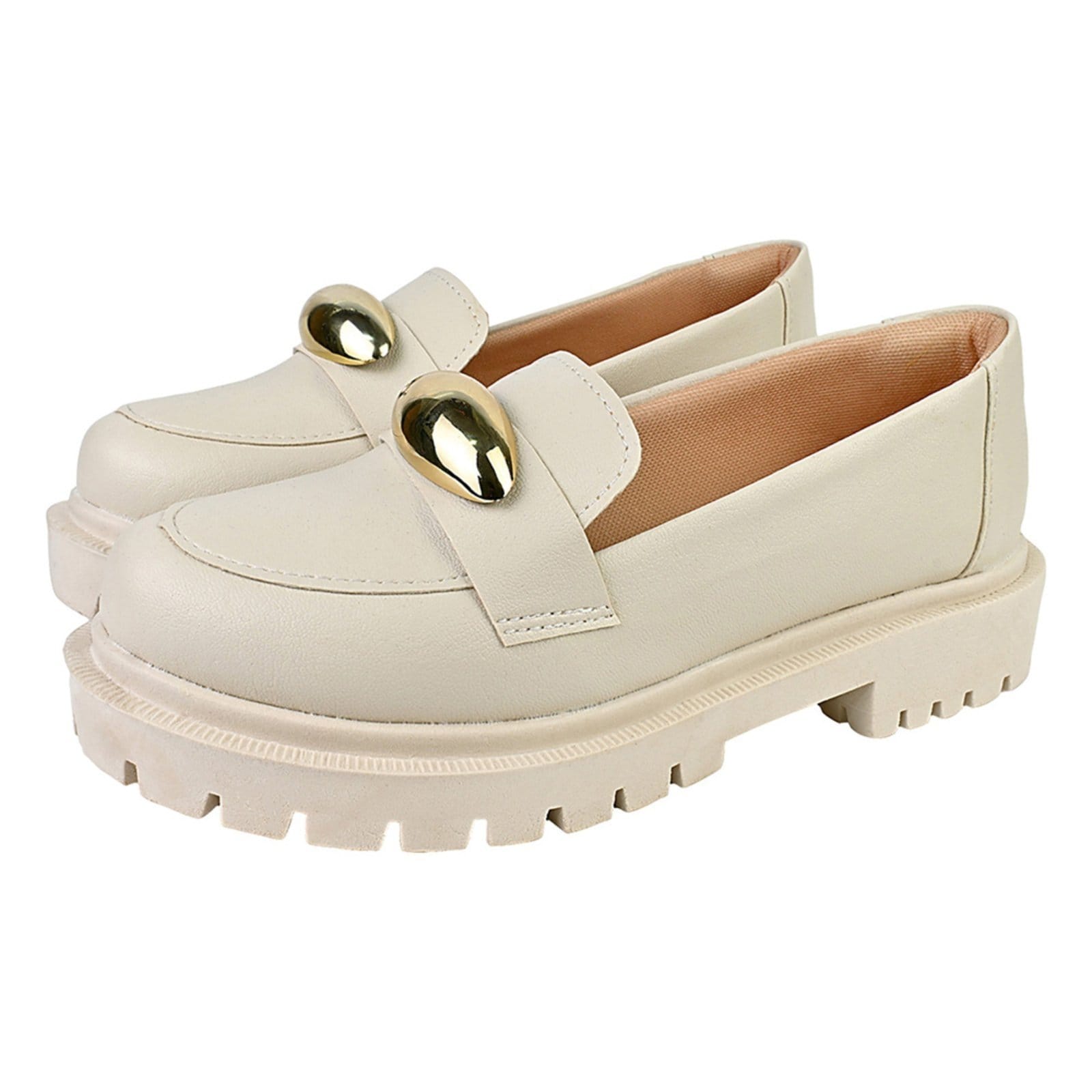 Sapato Feminino Mocassim Tratorado Donatella Shoes Bico Redondo Confort Enfeite Grande Off White
