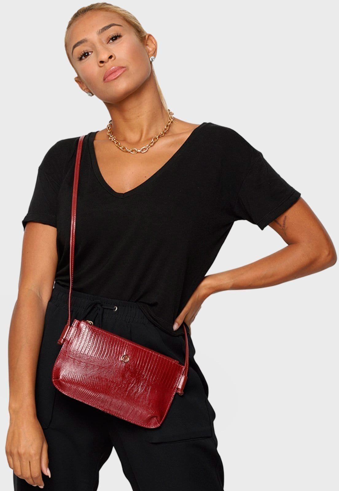 Bolsa Transversal Couro Mariart Lezard 201L Vermelha