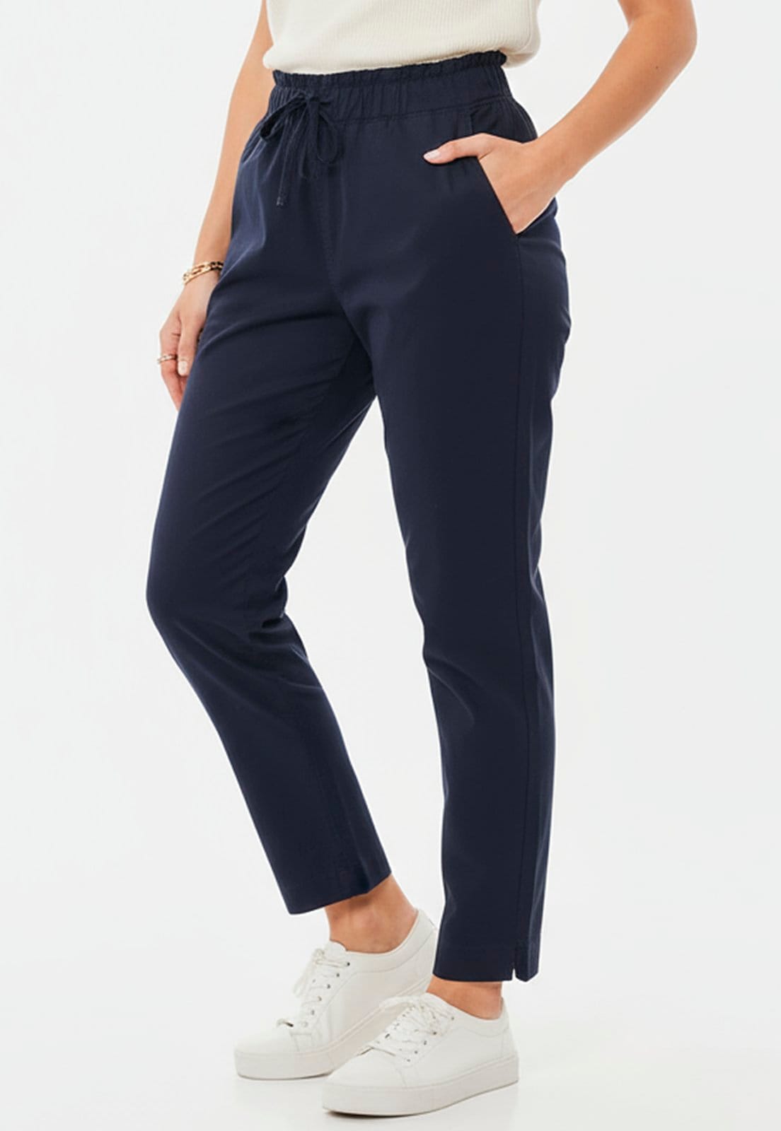 Vista principal Calça Sarja Feminina Cintura Alta com Elastano e Amarração Conforto e Estilo Casual Marinho Macaw azul/azul marinho azul