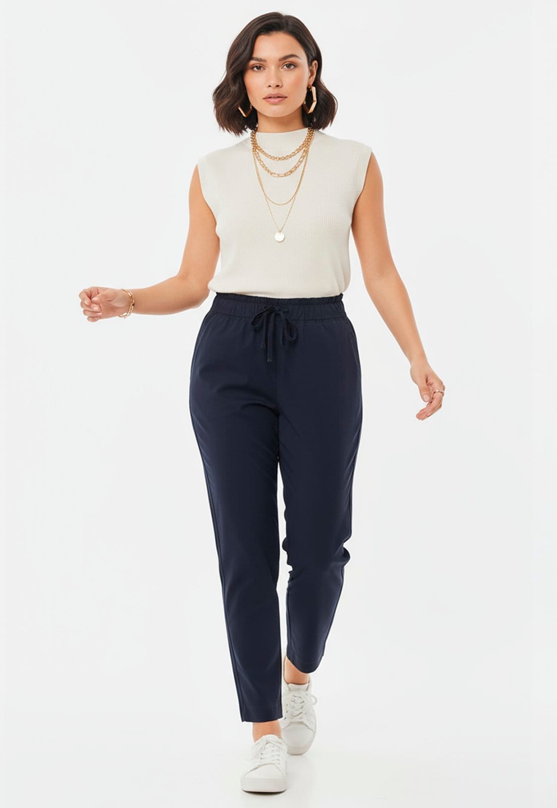 Vista 2 Calça Sarja Feminina Cintura Alta com Elastano e Amarração Conforto e Estilo Casual Marinho Macaw azul/azul marinho azul