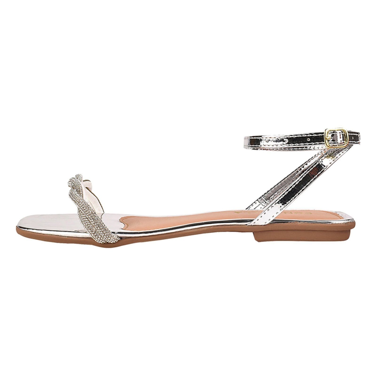 Vista 2 Sandália Rasteira Feminina CM Calçados Tiras Strass Brilho Bico Quadrado Confortável Metalizado Trançado Monte Shoes prata